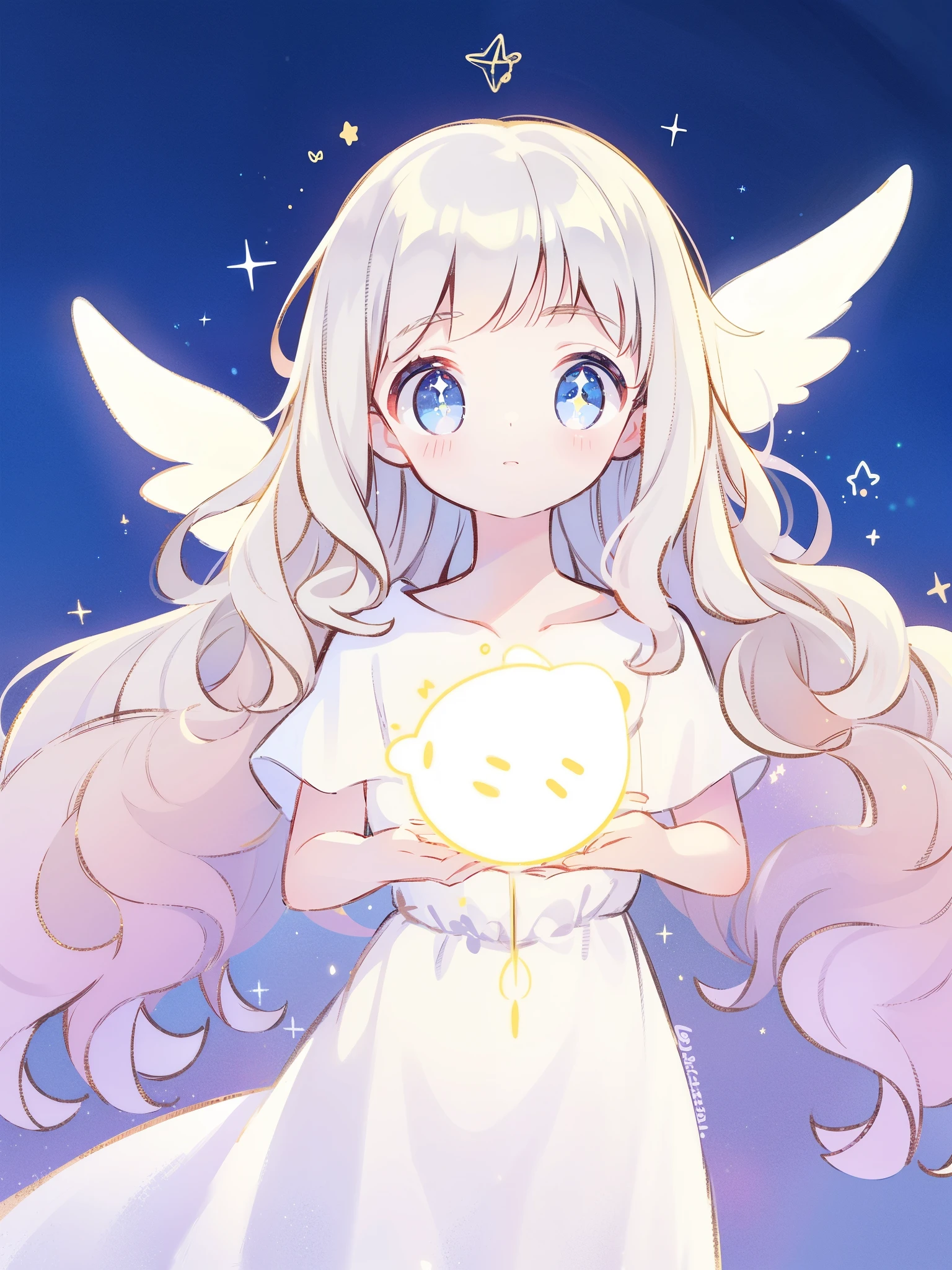 angel girl wearing an ethereal flowing layered dress, pale skin, ((sparkling wavy white hair)), white feathers, angel wings, sparkling detailed eyes, golden ratio face, perfect composition, highly detailed, ethereal, (starry night sky background), midjourney style