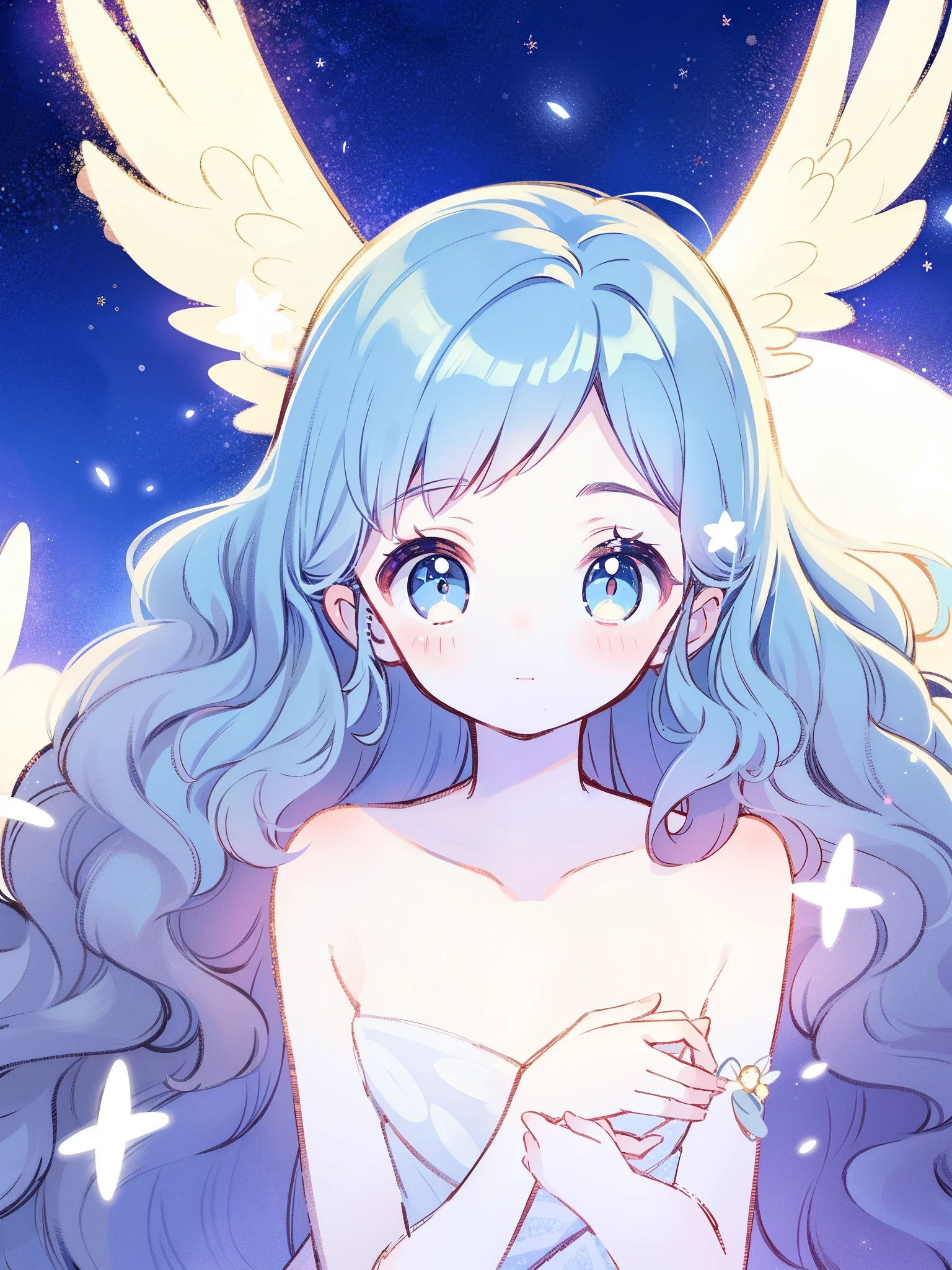 nude angel girl wearing an ethereal translucent dress, pale skin, ((wavy blue hair)), white feathers, angel wings, sparkling detailed eyes, golden ratio face, perfect composition, highly detailed, ethereal, (starry night sky background), midjourney style