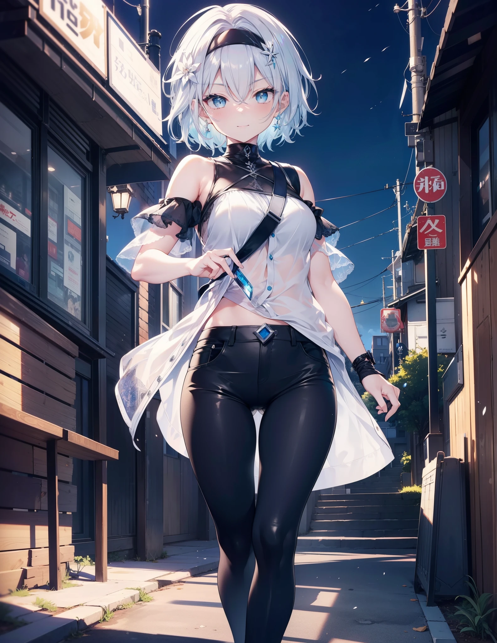 Sora Ginko, null　silver,short hair, Silver Hair, blue eyes, hair band,happy smile, smile, Open your mouth,,Cold Shoulder Shirt,skinny pants,Stiletto heels,Daytime,Clear skies,Walking,whole bodyがイラストに入るように,　　　　　　　　　　　　　　　　　　break looking at viewer, whole body, 　　　　　　　　break outdoors, Building district, 　　　　　　　　　　　break (masterpiece:1.2), Highest quality, High resolution, unity 8k wallpaper, (shape:0.8), (Beautiful and beautiful eyes:1.6), Highly detailed face, Perfect lighting, Extremely detailed CG, (Perfect hands, Perfect Anatomy),ginkgo, blue eyes, Silver Hair, 