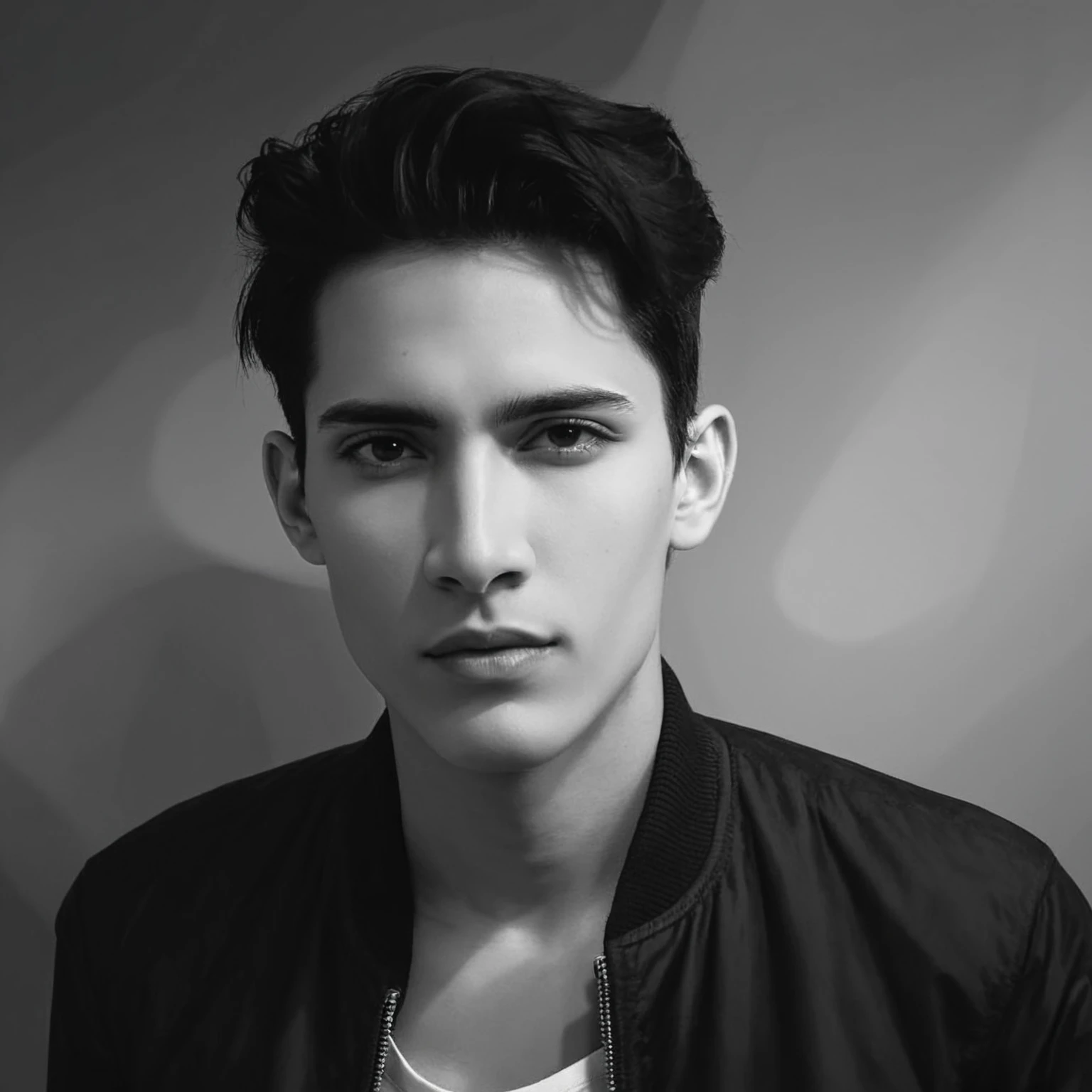Arafed man in black jacket and white shirt posing for a photo., medium shot portrait, agree with you, tommy 1 6 years, androgynous face, headshot, by Alexis Grimou, Aser Duran, clean shaven wide face, beautiful face, federico plates, black and white image, jughead jones portrait