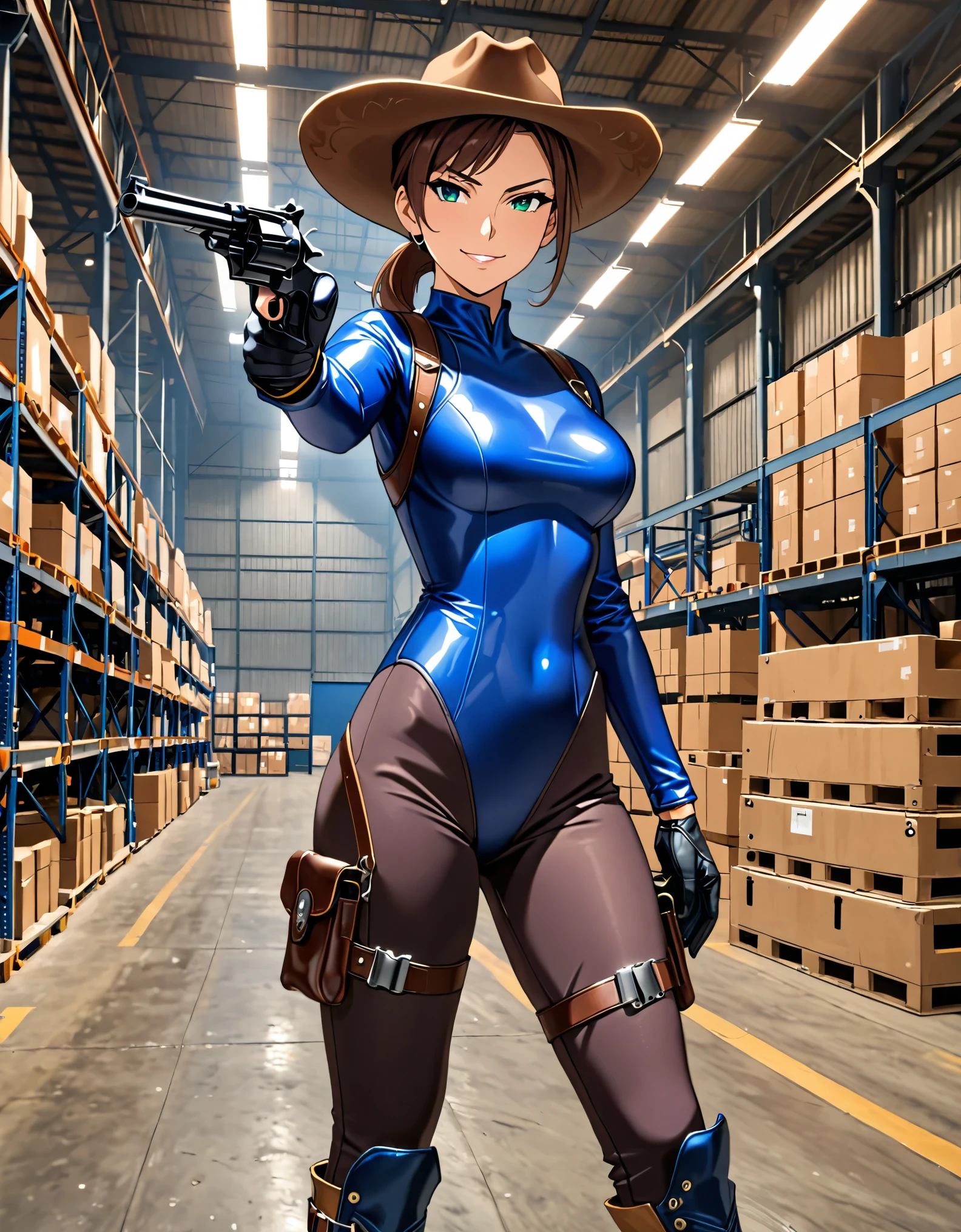 masterpiece, best quality, 1lady, solo, solo focus, (tall body), hispanic, brown hair, short hair, ponytail, blue-green eyes, medium breasts, beautiful detailed eyes, beautiful detailed face, smirk, ((brown cowboy hat)), (bodysuit, (solid blue bodysuit, leotard, dark blue leotard, tight dark grey leggings), long sleeves, (gloves, dark blue gloves, matching gloves, boots, combat boots, dark blue boots, matching boots), drop-down pistol holster, knee pads)), ((pointing pistol at the viewer, revolver)), full body, cowboy shot, empty warehouse, danger atmosphere.