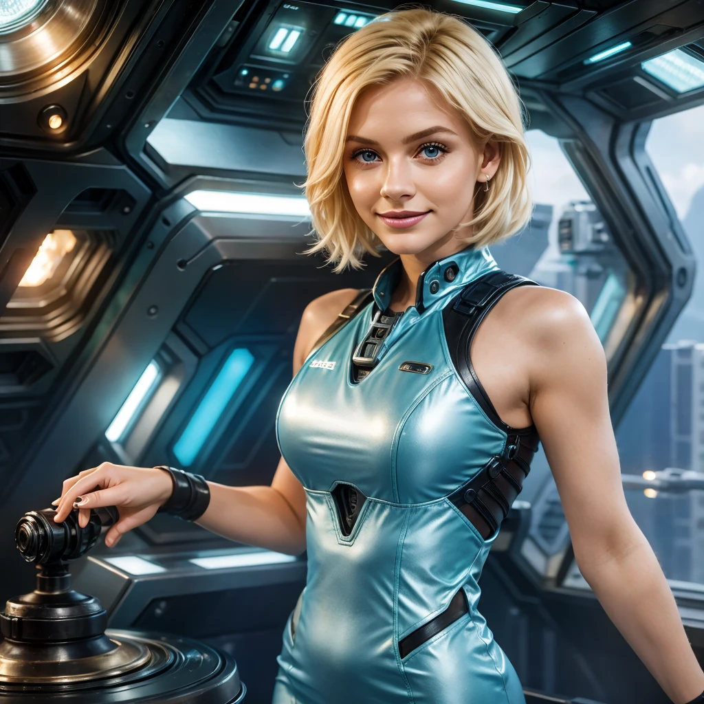 Masterpiece illustration, very detailed face, a beautiful 25 year old, luscious short blonde hair, radiant blue eyes, kissable lips, sweet smile, heavy dark eye makeup, friendly and inviting, fit bombshell body, short dress standing in a spaceship room, in tight short teal dress, wearing futuristic clothing, wearing fantasy clothing, futuristic clothing, biopunk futuristic wardrobe, futuristic clothes, very beautiful with space outside the window, in the lobby, holographic tech displays, ambient light from displays, rim light,