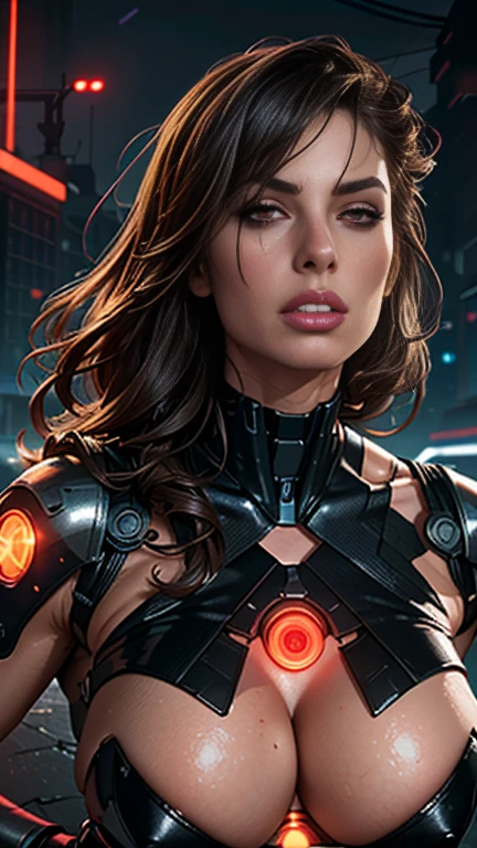 (best quality,ultra-detailed,realistic:1.37),woman cyborg,red eyes,evil,anime,huge ,sleek metallic body,expressionless face,glowing circuits,enormous energy blade,mechanical limbs,dystopian city backdrop,neon lights reflection,dark and ominous atmosphere