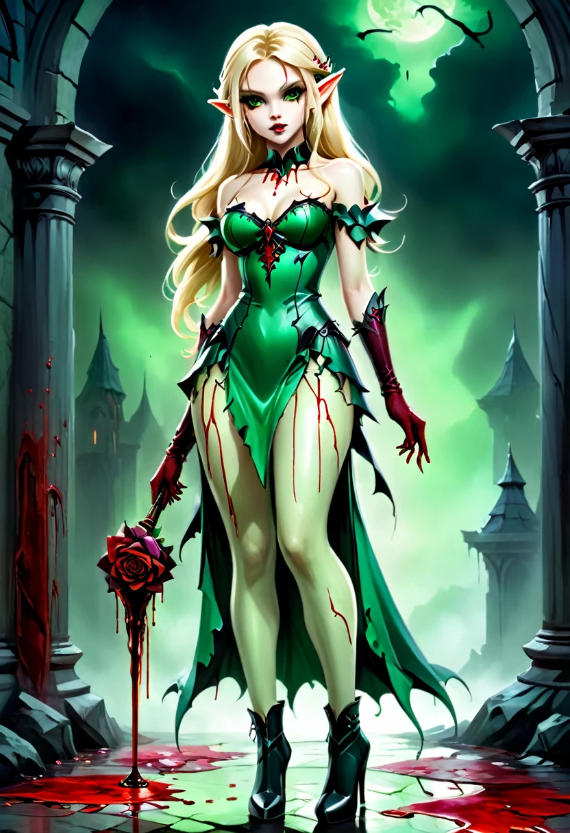 Dark fantasy art, fantasy art, goth art, a picture of the elf Princess Zelda as vampire, exquisite beauty, full body shot, dark glamour shot, pale white skin, blond hair, long hair, wavy hair, (glowing green: 1.3) eyes, she wears a (green: 1.3) intricate glamour dress, thigh high heeled boots,((blood stains: 1.3)),  roses vibrant, Ultra-high resolution, High Contrast, (masterpiece:1.5), highest quality, Best aesthetics), best details, best quality, highres, ultra wide angle, 16k, [ultra detailed], masterpiece, best quality, (extremely detailed), Dark Art Painting Style, Blood_Covered