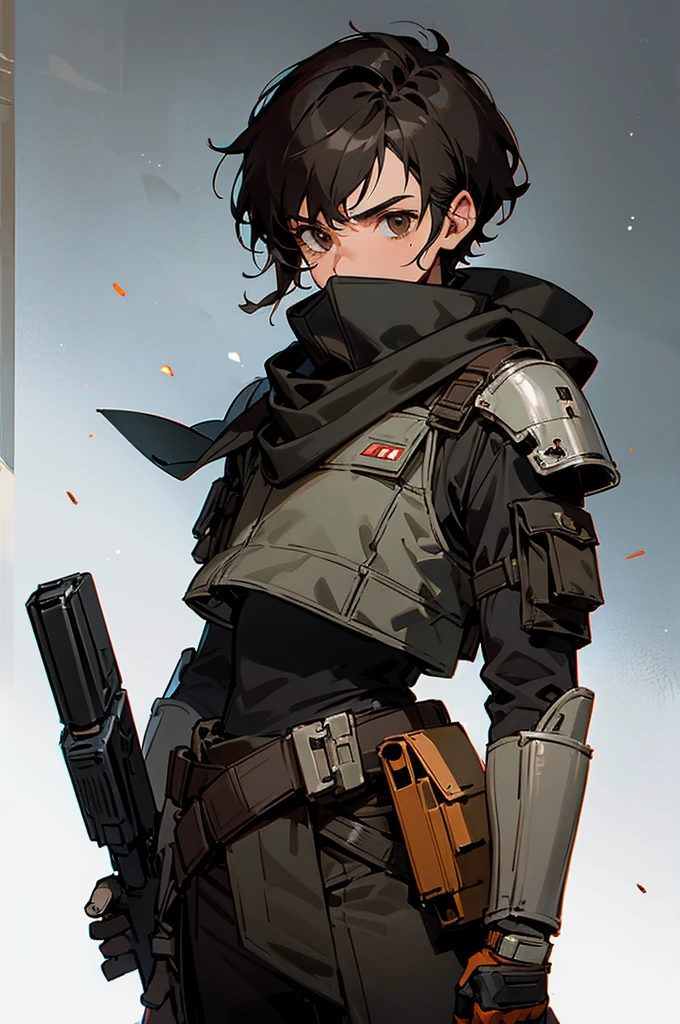 Male star wars bounty hunter, Short black hair, light black and brown armored clothes, brown eyes, black scarf covering mouth and nose, 30 years old, 2 holdered blasters on the hip