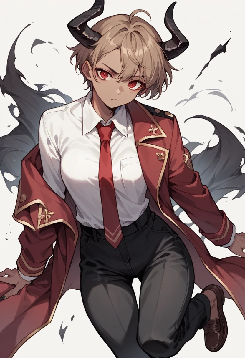 Solo Female, Time demon, Dark red short hair, wavy ends, Greyish-light brown skin color, red eyes with black skeral, Black horns, White shirt, Tie with black gold buckle, black trousers, burgundy coat, brown shoes