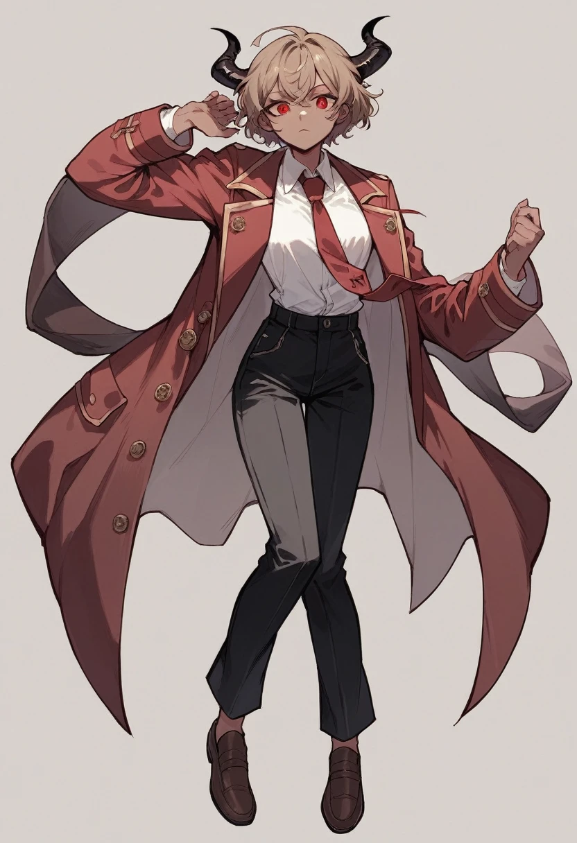 Solo Female, Time demon, Dark red short hair, wavy ends, Greyish-light brown skin color, red eyes with black skeral, Black horns, White shirt, Tie with black gold buckle, black trousers, burgundy coat, brown shoes