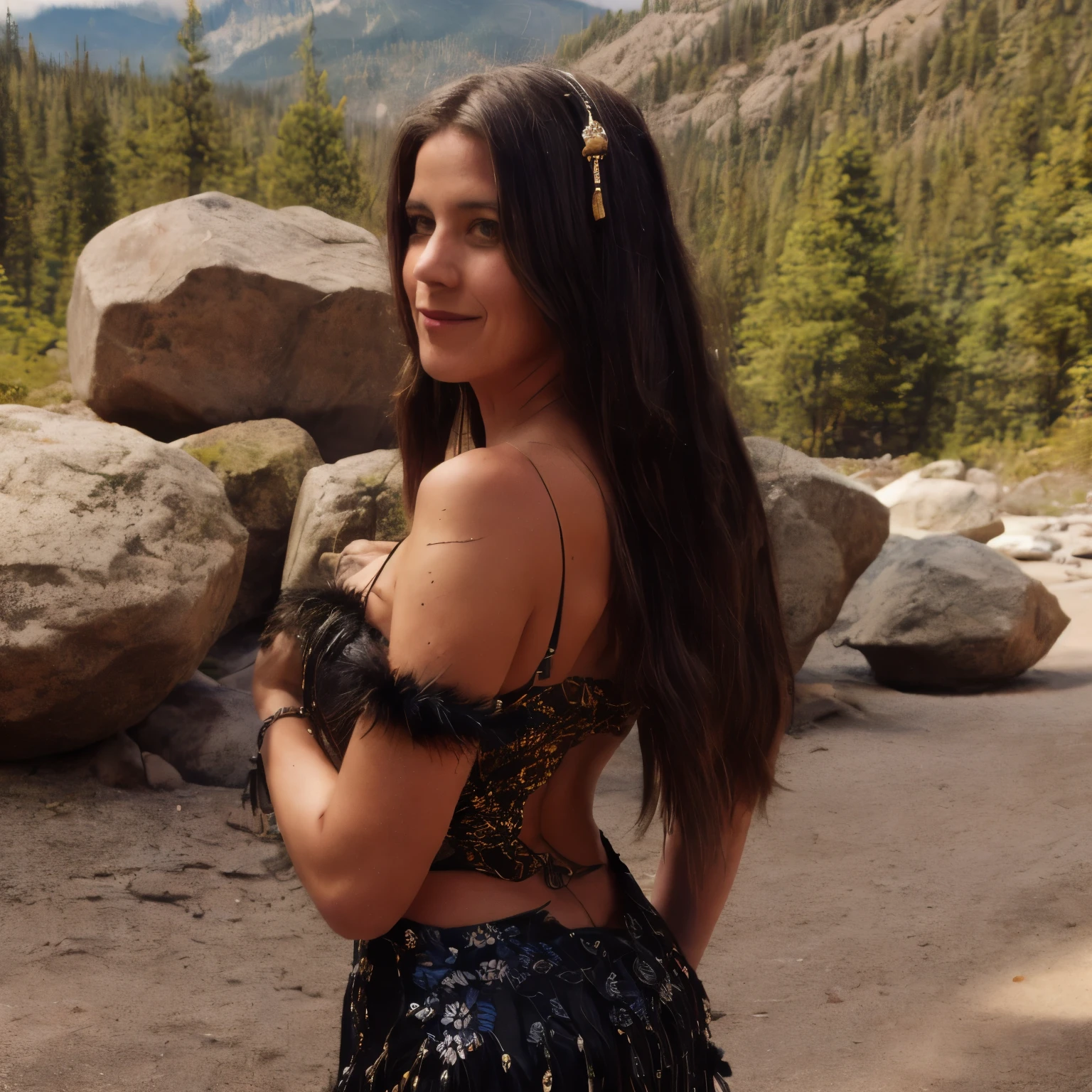June Prompt
A woman named LaGermania, seductive, slightly smiling, with black hair, having fun, poses for a chic calendar photoshoot in the east of Canada's Rocky Mountains during June. She stands on a gravel beach with huge boulders, the sea reflecting the soft light of early summer, and the majestic Rocky Mountains in the background. LaGermania, with open, interested, curious, seductive, knowing eyes, is playfully interacting with a small squirrel, her eyes twinkling with mischief. She wears traditional summer attire of the Cree tribe, adorned with turquoise pearls and a massive feather headdress, reflecting the cultural heritage of the region. Her clothing consists of a tanned bison hide dress, decorated with intricate beadwork and fringes, along with leather moccasins. Her jet-black hair is styled in long, flowing braids intertwined with feathers and beads, adding elegance to her ensemble. She has a sporty figure, her playful poses combine humor and allure. The surroundings are alive with the beauty of nature, with the gravel beach, scattered boulders, and distant mountains creating a picturesque scene. In the background, Cree family members are seen, wearing traditional summer attire and engaging in activities that highlight their connection to nature. The ultra-detailed, dreamlike quality of the image highlights the rich textures and vibrant colors of the Rocky Mountains landscape. Make a historical photo of the scene and items and clothes historically accurate to reflect the time around year 1800. Tools and clothes were self-made from natural resources like from plants and animal parts. No modern tools nor fabrics nor buildings nor modern style fashion.