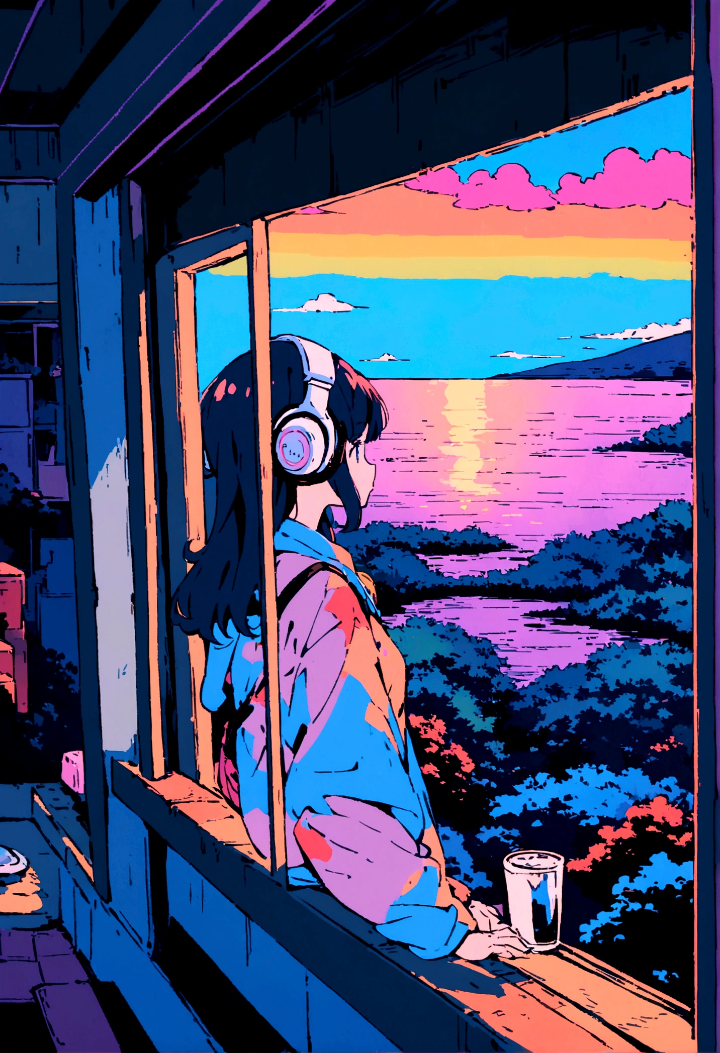 night、Girl listening to music in a cozy room, Use headphones, 2D Style Anime, Rain outside the window、Analog Color Theme、Ghibli style、neon, naked, completly naked, close up, detailed background, chill, detailed outdoor, detailed face, city light