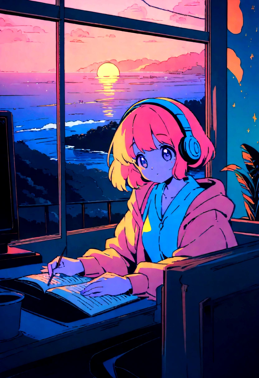 art wallpaper 4k, anime art wallpaper 4k, anime art wallpaper 8 k, anime background art, Lofi Color, Lofi Art, anime,masterpiece, Highest quality, Rainbow Style, anime, Beautiful Asian Girl, Along the Hawaiian Coast, Cute and dreamy,anime,Illustrator,Lo-fi Girl, Blues,landscape,sunset, night、Girl listening to music in a cozy room, Use headphones, 2Dスタイルanime, Rain outside the window、Analog Color Theme、Ghibli style,、Tokyo, night, Write a note、Makoto Shinkai style