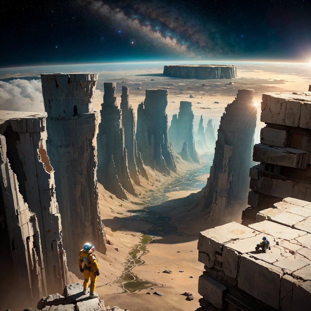 At the top of the mountain and on the edge of the cliff, a muscular man wearing a silver and yellow spacesuit, dumbbells on the floor, man looking and smiling at the camera, Beautiful feet, perfekt teeth, perfect toes, perfects eyes, showing the whole body. Under the cliff, Four spaceships slowly emerge from the ruins of a desolate city built in the desert, Going to the stars, cinematic lighting, melhorar, anáglifo, optical illusion, From  above, atmospheric perspective, ultra HD, 8K.