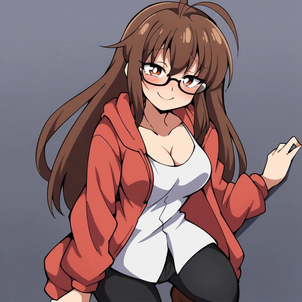 (mix1), anime art style, 2d, masterpiece, best quality, very aesthetic, absurdres, dynamic shadows, atmosferic, (1girl), (brown hair), antenna hair, long hair, brown eyes, eyeslashes, detailed eyes, glasses, ahoge, bangs, medium breasts, cleavage, collarbone, makeup, intense blush, red hoodie, white shirt, black pants, brown boots, open clothes, sexy smile, standing on one leg, (cowboy shot), from front, looking at viewer, simple background, ((white background))