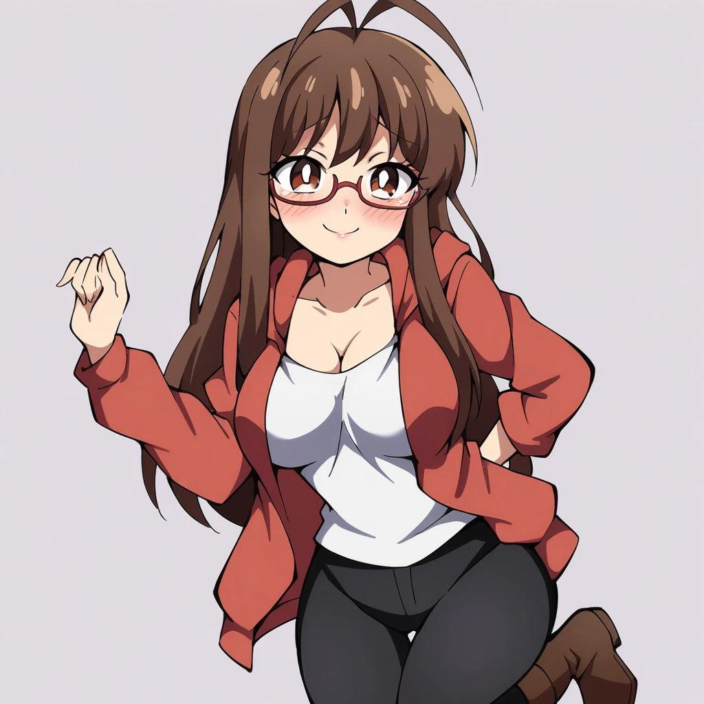 (mix1), anime art style, 2d, masterpiece, best quality, very aesthetic, absurdres, dynamic shadows, atmosferic, (1girl), (brown hair), antenna hair, long hair, brown eyes, eyeslashes, detailed eyes, glasses, ahoge, bangs, medium breasts, cleavage, collarbone, makeup, intense blush, red hoodie, white shirt, black pants, brown boots, open clothes, sexy smile, standing on one leg, (cowboy shot), from front, looking at viewer, simple background, ((white background))