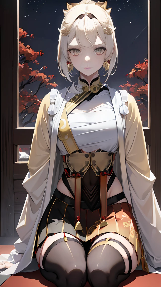 A very beautiful 19 year old woman, ((white hair)), bob haircut, shorth hair, ((big yellow eyes:0,8)) ((light light yellow eyes:0,3)) ((bright yellow eyes:0,3)) red nails, young and beautiful face, brawny, slim body, but well proportioned, perfect white skin, high detailed drawing, lifelike face. (((Wearing traditional Chinese imperial clothing, black with gold decorations:0,8))) ((black clothes with gold details, com red skirt:0,5)) ((black cloak with golden decorations, com red skirt:0,5)) ((black dress with gold details, com red skirt,)) (((red skirt com detalhes dourados:0,8))) ((red skirt with gold details:0,3)) ((red skirt:0,3)) ((with red Hanafuda earrings:0,5)) ((black garter belt with thigh high stockings:0,5)) Kneeling on a white bed in an ancient Chinese room, at night with the full moon and stars visible through the window at night, with flashes of light reflecting off your body. 4k anime art, perfect lighting.