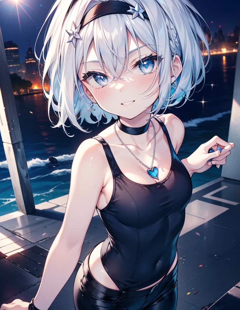 Sora Ginko, null　silver,short hair, Silver Hair, blue eyes, hair band,happy smile, smile, Open your mouth,Blue Tank Top,Heart Necklace,skinny pants,Stiletto heels,Daytime,Clear skies,Walking,whole bodyがイラストに入るように,　　　　　　　　　　　　　　　　　　break looking at viewer, whole body, 　　　　　　　　break outdoors, Building district, 　　　　　　　　　　　break (masterpiece:1.2), Highest quality, High resolution, unity 8k wallpaper, (shape:0.8), (Beautiful and beautiful eyes:1.6), Highly detailed face, Perfect lighting, Extremely detailed CG, (Perfect hands, Perfect Anatomy),ginkgo, blue eyes, Silver Hair, 