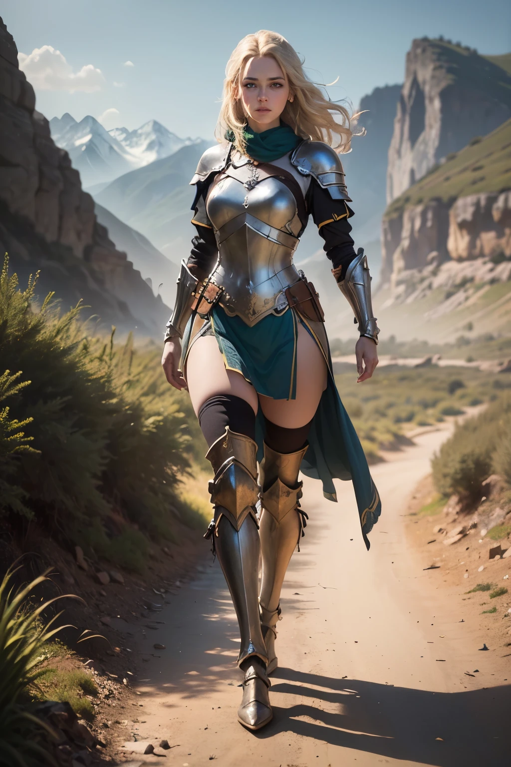 tall beautiful and strong female cloud giant with grey white hair in a ponytail and large spear, dark tattoos and revealing leather armour, castle background with good sunlight lying on her back with legs spread wide