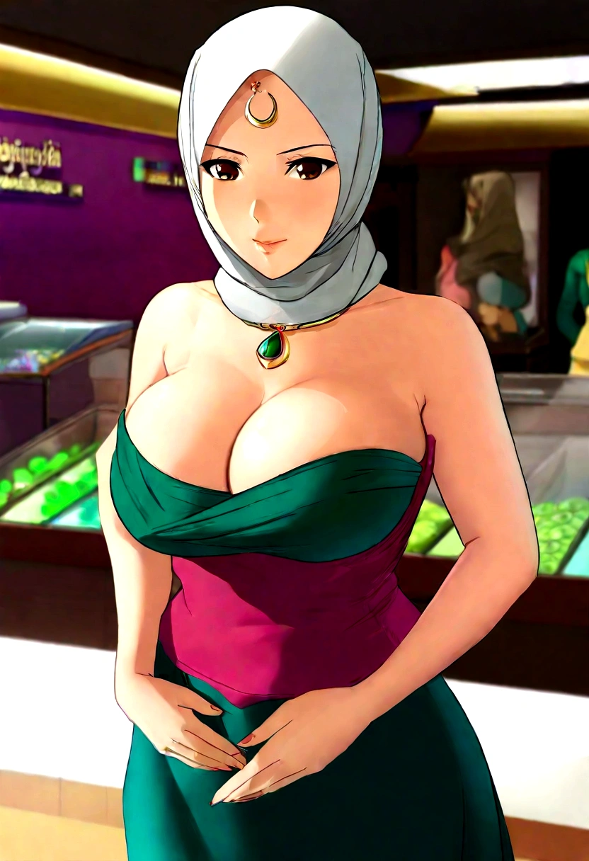 Malaysian woman (age 40, hijab no hair showing, cute face, strapless dress barely covering breasts, enormous breasts, a little fat, giga breasts), leaning over jewelry counter