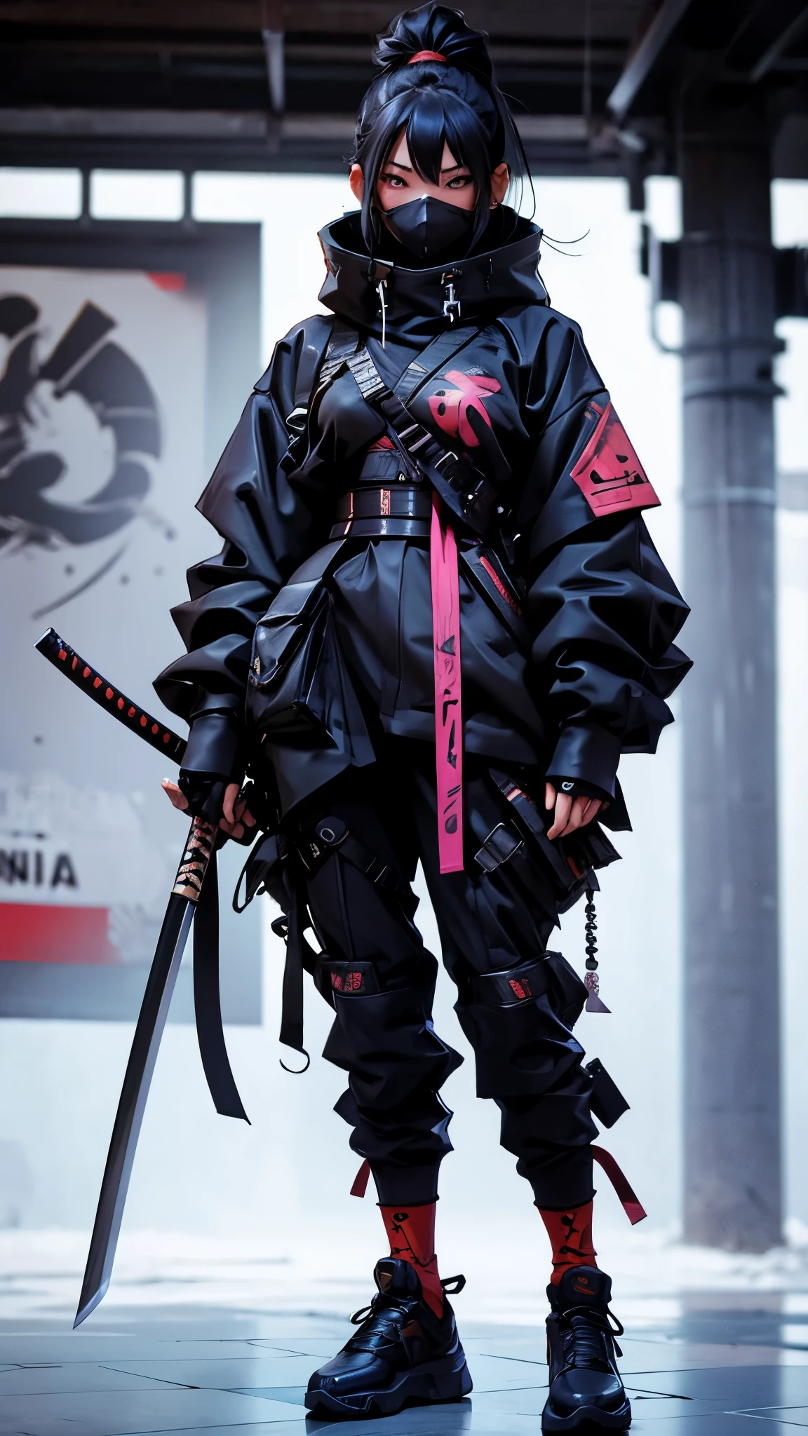 Ninja girl cyborg. Cyberpunk samurai hold katana .korean girl