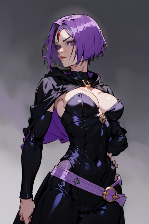 1girl, raven, black leotard, black cape, hood, purple hair, forehead jewel, purple eyes, short hair, belt, skin tight, standing, cleavage, toned, breasts, pose, night, moonlight, ((posing)), motion lines, torso, upper body, portrait, b&w. outline, in Dmitry Sergeev Style