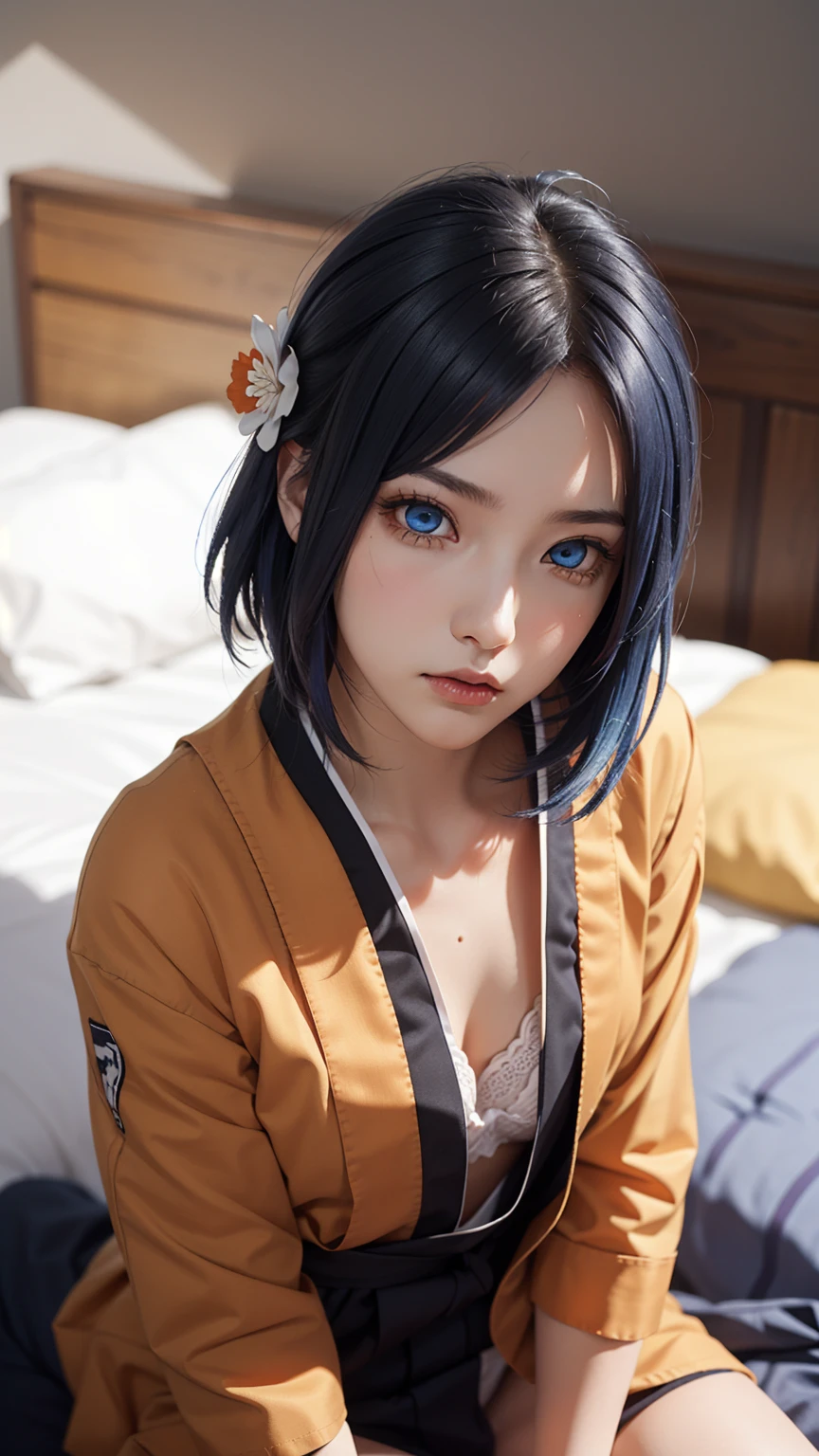 girl , Girl  ,  , short hair, hair ornament, blue hair, legs , sitting on the bed , small, panties, bra, Sexual тело , underwear, Sexual , bra, panties, one flower, hair цветок, (orange eyes:1.2), (labret piercing:1.2), eyeshadow, (Akatsuki uniform:1.5), Akatsuki \(naruto\),BREAK (masterpiece:1.2), Best quality, A high resolution, unity 8k wallpaper, (illustration:0.8), (beautiful detailed eyes:1.6), very detailed face, perfect lighting, extremely detailed computer graphics, (perfect hands, Ideal Anatomy),