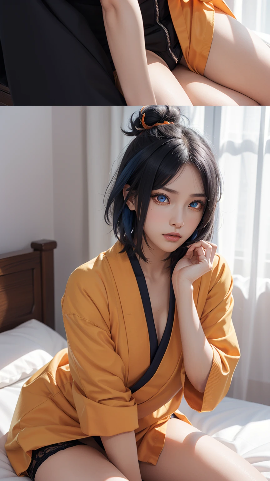 girl , Girl  ,  , short hair, hair ornament, blue hair, legs , sitting on the bed , small, panties, bra, Sexual тело , underwear, Sexual , bra, panties, one flower, hair цветок, (orange eyes:1.2), (labret piercing:1.2), eyeshadow, (Akatsuki uniform:1.5), Akatsuki \(naruto\),BREAK (masterpiece:1.2), Best quality, A high resolution, unity 8k wallpaper, (illustration:0.8), (beautiful detailed eyes:1.6), very detailed face, perfect lighting, extremely detailed computer graphics, (perfect hands, Ideal Anatomy),