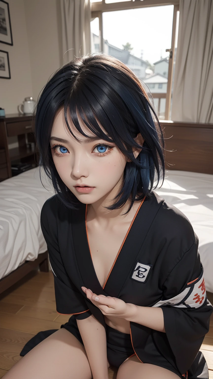 girl , Girl  ,  , short hair, hair ornament, blue hair, legs , sitting on the bed , small, panties, bra, Sexual тело , underwear, Sexual , bra, panties, one flower, hair цветок, (orange eyes:1.2), (labret piercing:1.2), eyeshadow, (Akatsuki uniform:1.5), Akatsuki \(naruto\),BREAK (masterpiece:1.2), Best quality, A high resolution, unity 8k wallpaper, (illustration:0.8), (beautiful detailed eyes:1.6), very detailed face, perfect lighting, extremely detailed computer graphics, (perfect hands, Ideal Anatomy),