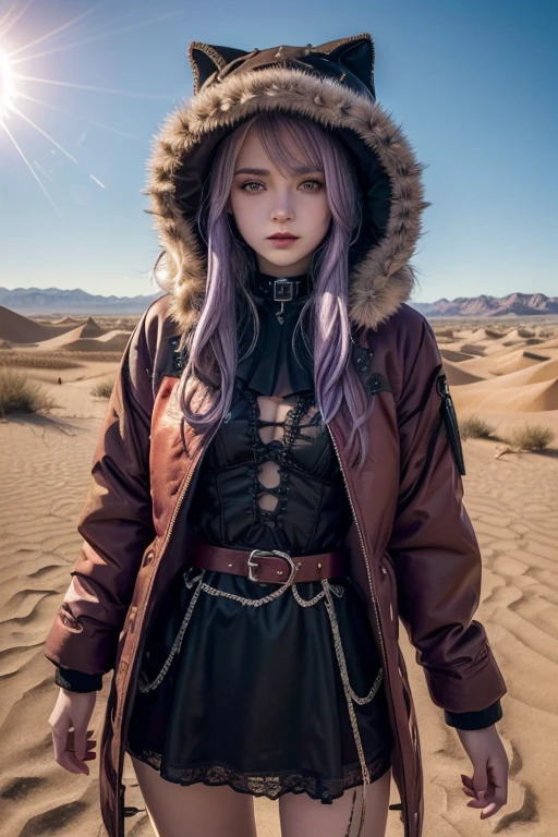 ((desert, arena, dunes, refraction effect, sun)), (Masterpiece, Best Quality), (1 girl), (suno), ((portrait)), Perfect face, ((heterochromia, blonde and purple hair, ((long red parka)), unnecessary gothic belts everywhere, mole under the eye)), the background is a beautiful desert with cactus, Tumbleweed, cinematic light, sunny day, dramatic lighting, ultra detail, 8k, watercolor, delicate, delicate (gothic lace, gothic roses, gothic aesthetic)