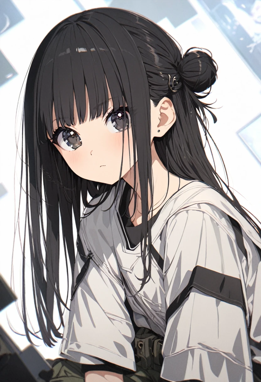 Super detailed,(Highest quality),((masterpiece)),(High resolution),original,Highly detailed 8k wallpaper,(Very delicate and beautiful),Highest_hand,anime,Black Hair,Long Hair,Neat bangs,Straight Hair,Bun Hair,流行のcute女の子,black eye,Black short-sleeved clothing,White trousers,cargo pants,cool,Stylish,流行のStylish,cute,Upper body only,Beautiful pupils,One Girl,Only 1 person,White background