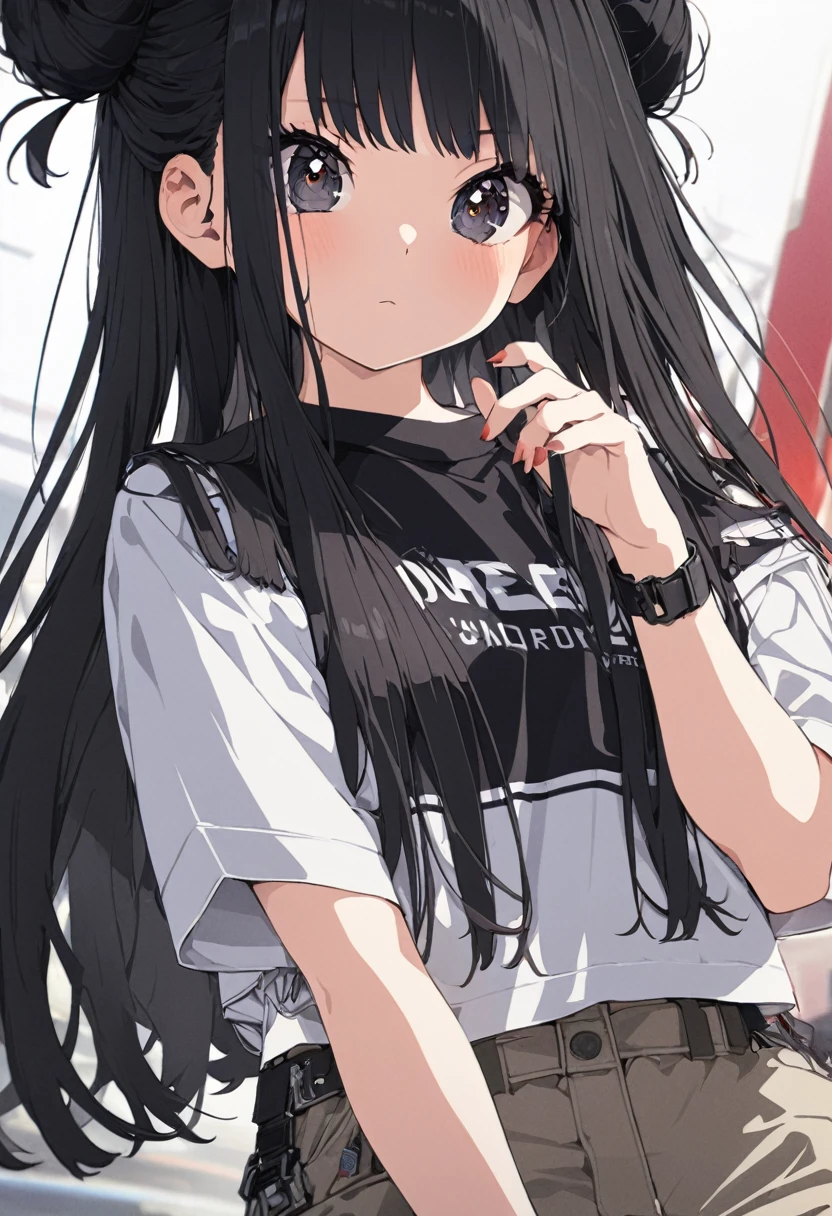 Somewhat tall girl with long black messy hair and sleepy ruby eyes wearing a tight slipknot band t-shirt and dark tights panties, doing a peace symbol with a somewhat chaotic face