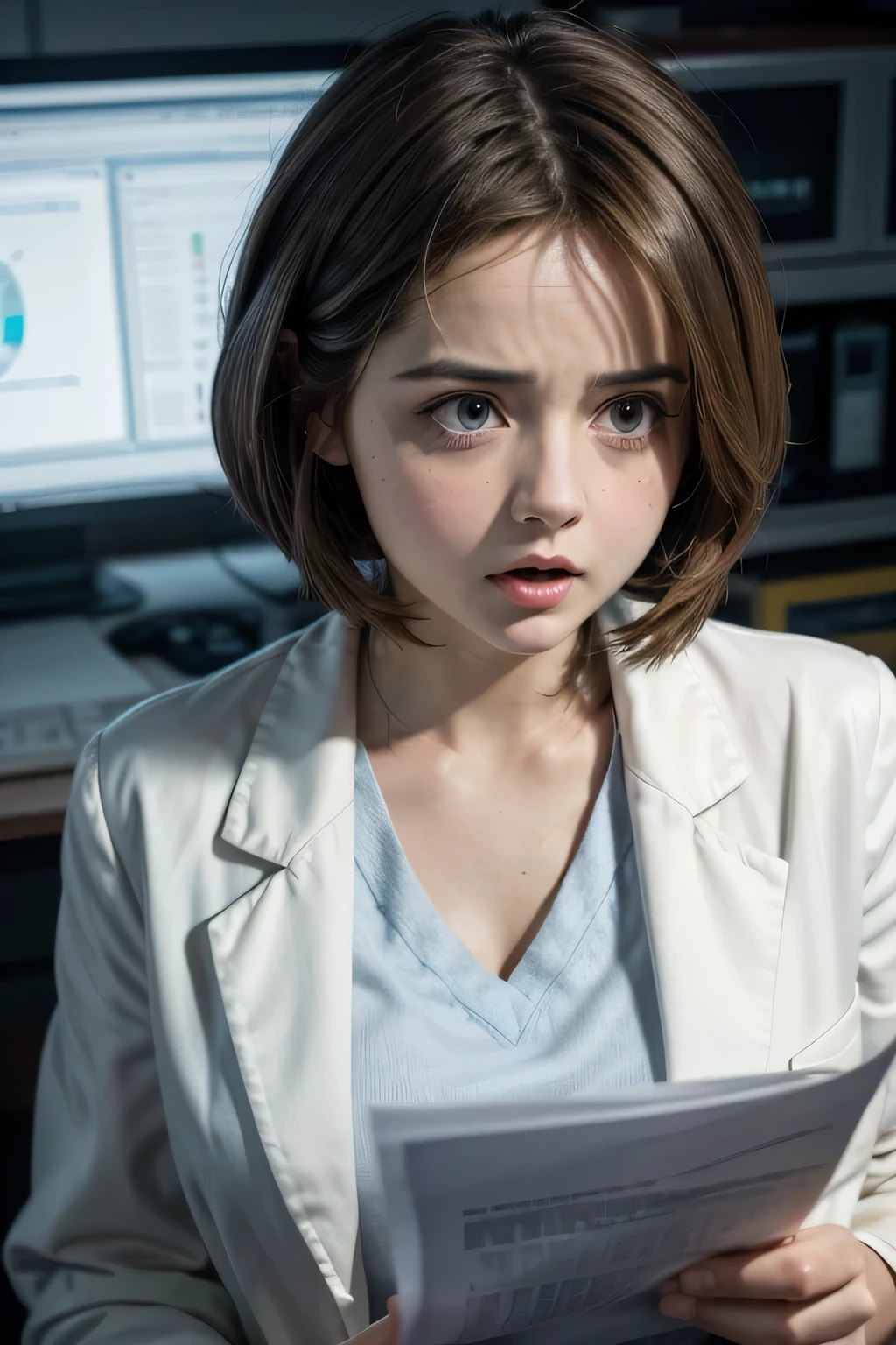 puffy woman in lab coat holding a paper letter, doctor, doctor, wearing lab coat and blouse, shocked expression on face, (doctor), jenna coleman as doctor, shutter, still photo, shocked look, surprised expression, surprised expression on face , looking surprised, wearing a lab coat, with a stethoscope