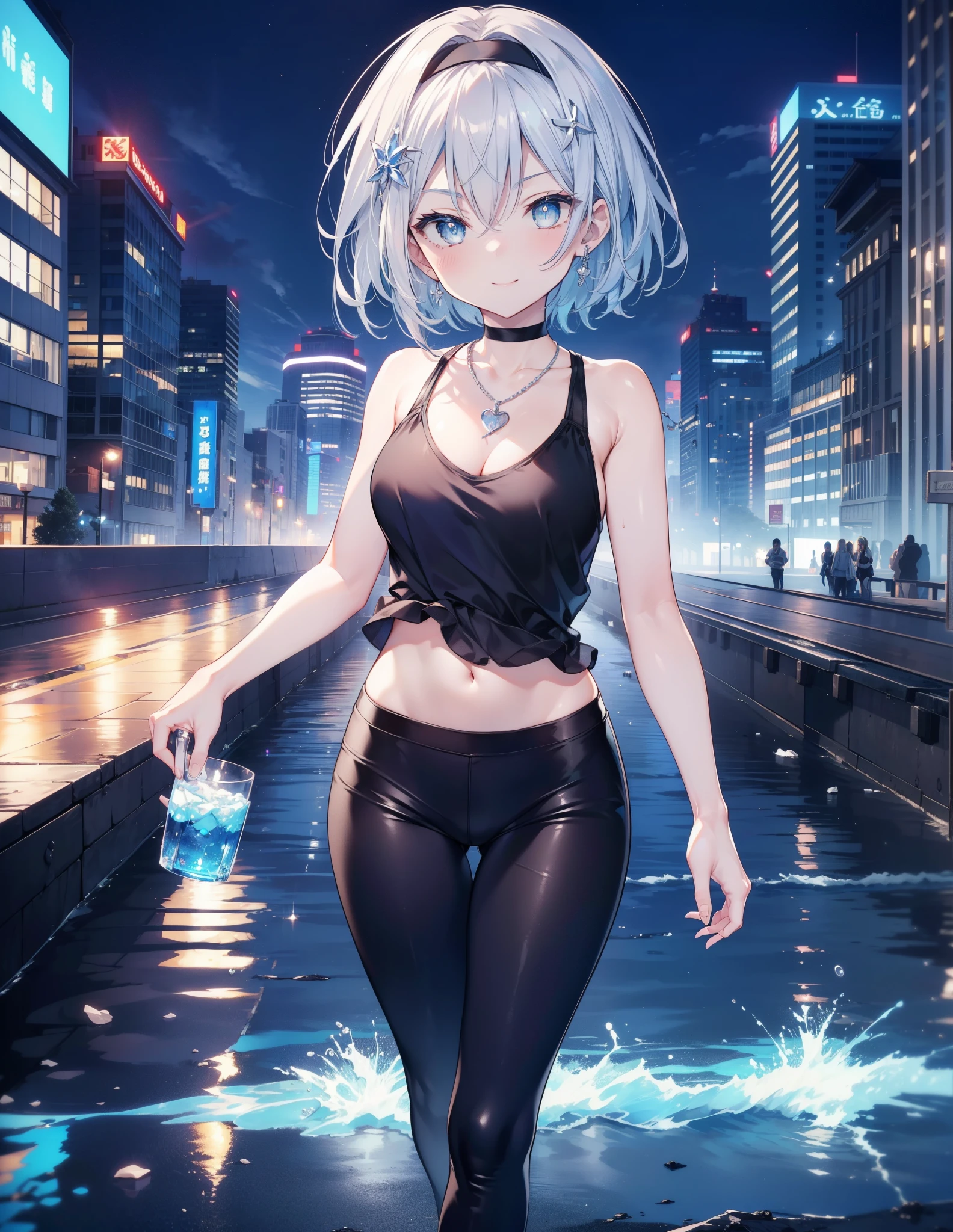 Sora Ginko, null　silver,short hair, Silver Hair, blue eyes, hair band,happy smile, smile, Open your mouth,Blue Tank Top,Heart Necklace,skinny pants,Stiletto heels,Daytime,Clear skies,Walking,whole bodyがイラストに入るように,　　　　　　　　　　　　　　　　　　break looking at viewer, whole body, 　　　　　　　　break outdoors, Building district, 　　　　　　　　　　　break (masterpiece:1.2), Highest quality, High resolution, unity 8k wallpaper, (shape:0.8), (Beautiful and beautiful eyes:1.6), Highly detailed face, Perfect lighting, Extremely detailed CG, (Perfect hands, Perfect Anatomy),ginkgo, blue eyes, Silver Hair, 