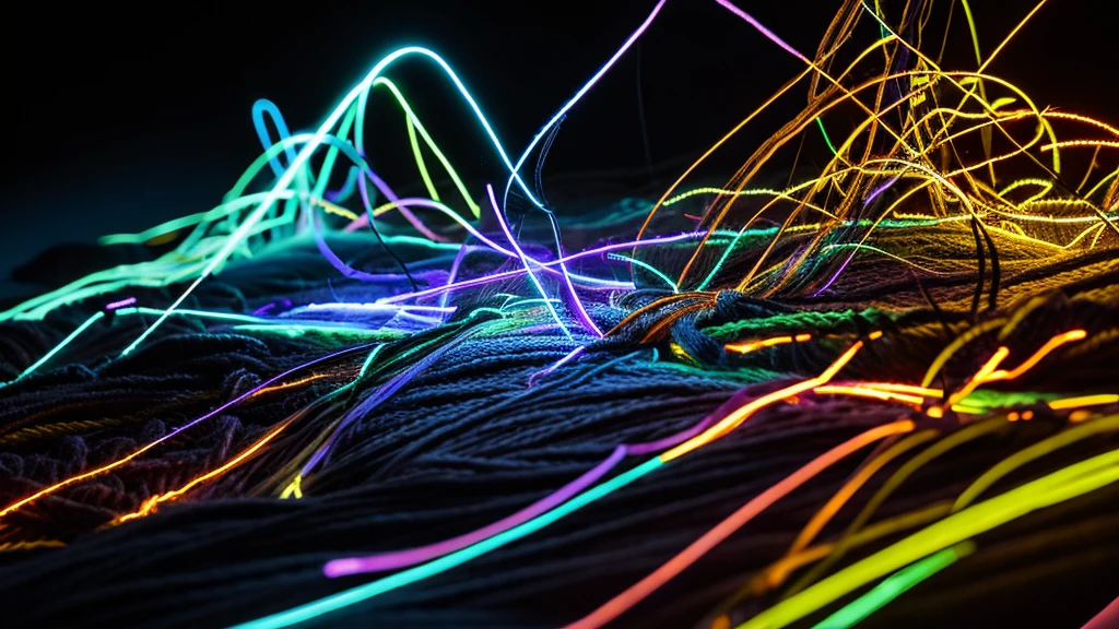 a handwritten style of art made from knitting together a collection of glowing neon threads that are interconnected to form the word "MY" on a dark background and there are sewing needles scattered around. high resolution. Ultra HD