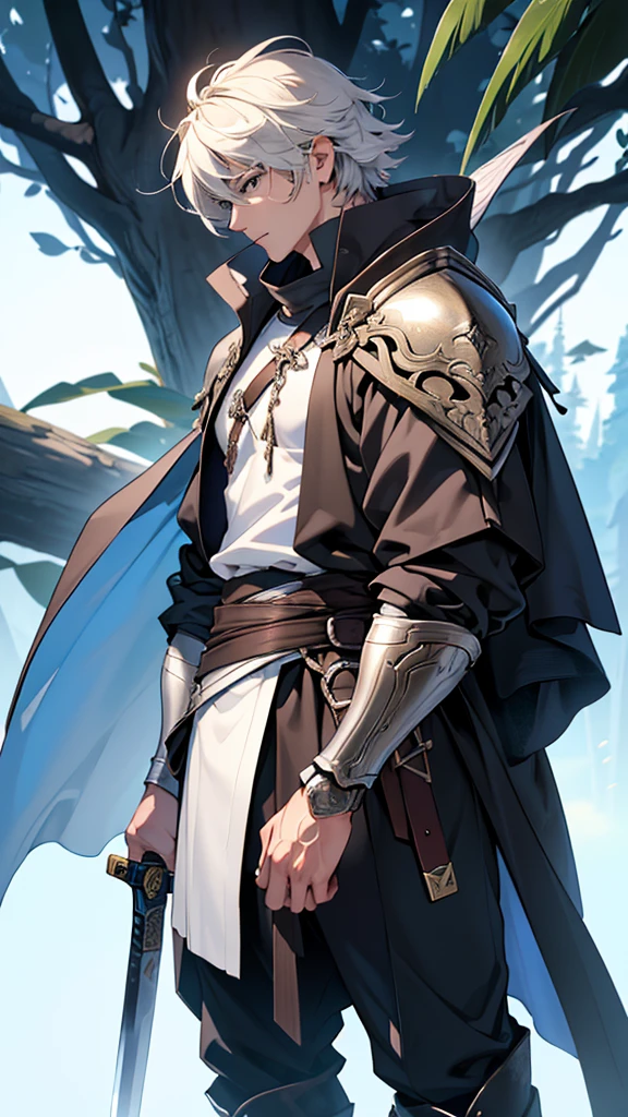 (Best Quality、High resolution、Image clarity:1.2)、 (male:1.2)、solo、maleフォーカス、Ultra-detailed backgrounds、Beautiful man standing with a sword、Traveler's Clothes、boots、ハンサムなmale、Powerful、(Strong eyes) 、Black Hair、 Hair Detail, semi-long、Part your hair,Wide-open eyes、Beautiful Eyes、double eyelid、Double eyelids、Highest quality、high detail、