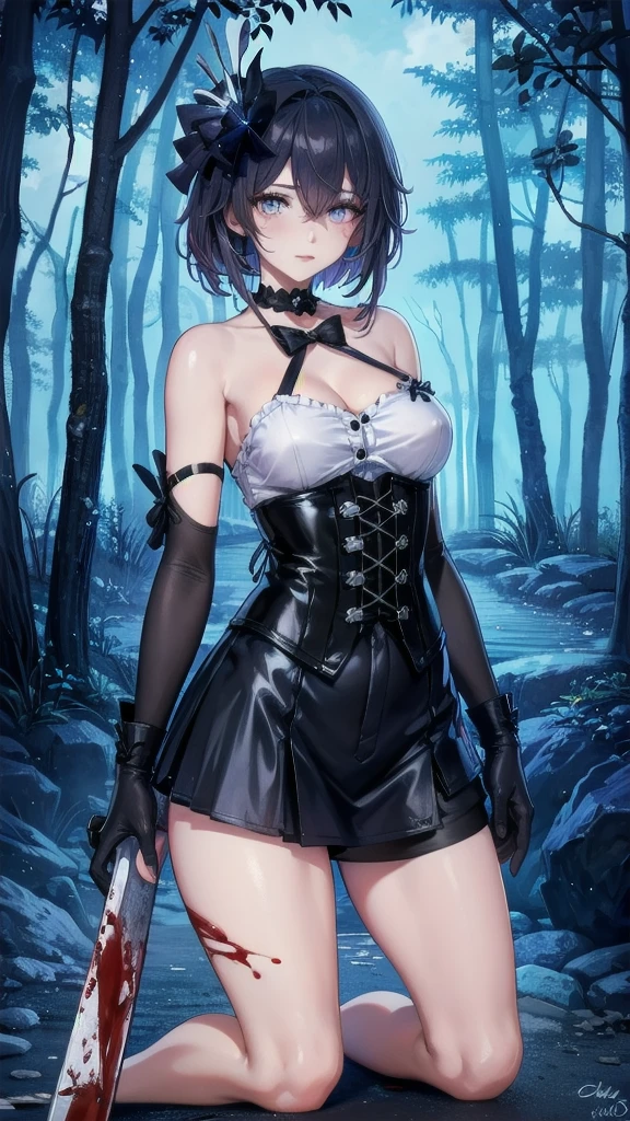 ((blood droplets)), ((blood)), ((blood splatter)), ((blood on clothes)), ((blood stain)), Masterpiece, Beautiful art, professional artist, 8k, Very detailed face, Detailed clothing, detailed fabric, 1 girl, Soul Fullness \(Honkai Impact 3rd\), front view, kneeling, BIG BREASTS, perfectly drawn body, shy expression, pale skin, beautiful face, short dark blue hair, 4k eyes, very detailed eyes, pink cheeks, choker:1.6, (white long sleeve button down shirt with white collar), black gloves, gloves that cover hands, (holds an ax with his right hand), (black leather corset), (shiny black tight mini skirt), Sensual Lips , winter night, show details in the eyes, looking at the viewer, dark forest, Atmosphere, fog, At night