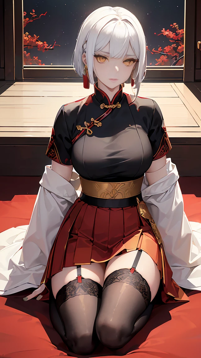 A female empress, short white hair, with yellow eyes, red nails, mostrando os peitos, legs open showing pussy, with an angry face and a provocative look, mouth open with tongue out. Wearing traditional Chinese imperial clothing, decorated in gold with black details, with red Hanafuda earrings, with a short red skirt. On your knees with dick inside pussy, in a hotel room bed, with a sunset in the window in the background.