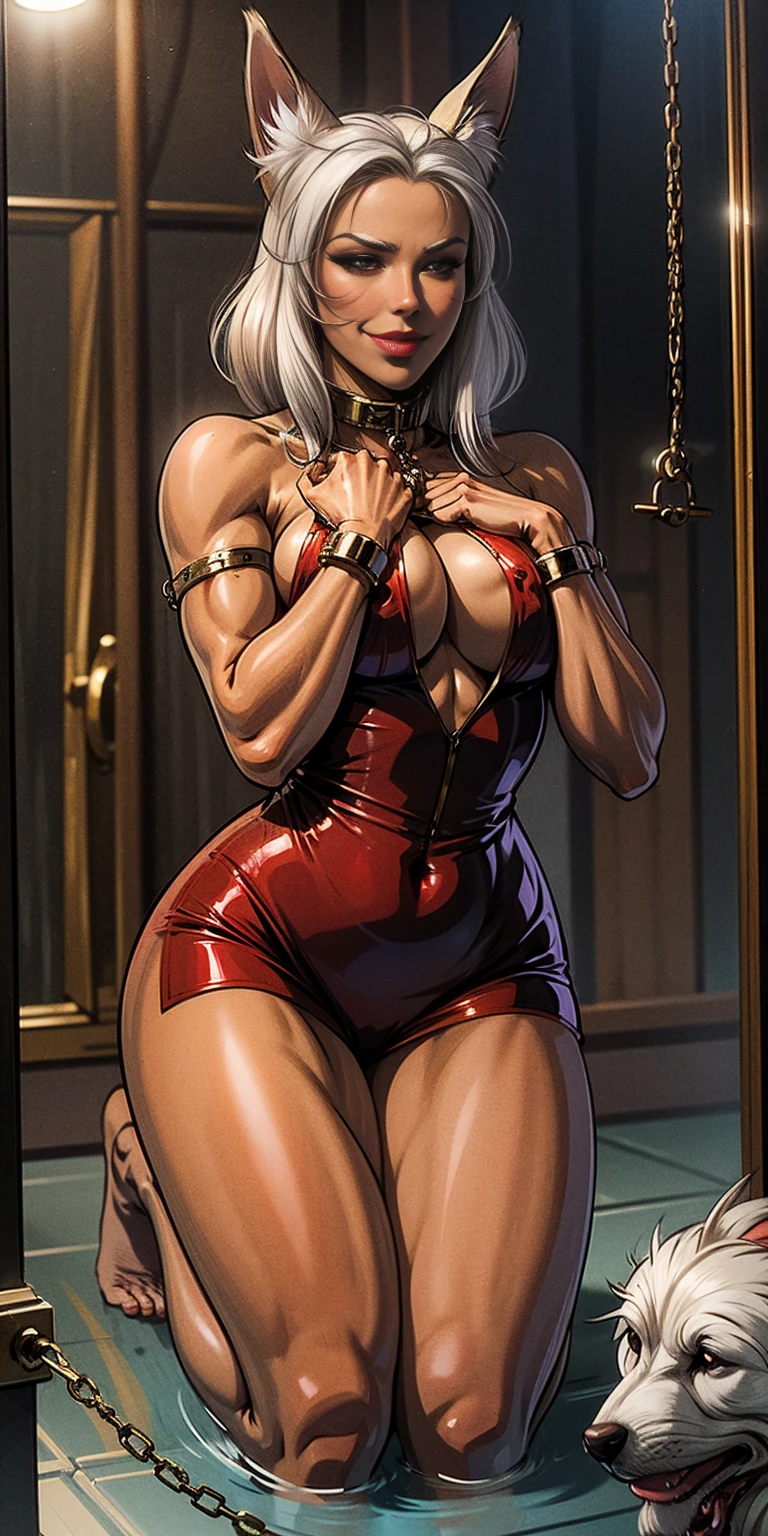 Latex girl lustful smirking smile red blush red cheeks, chain leash, kneeling, shackles, leather black collar slave, dog ears, fluffy dog ears, hands on glass breasts on glass ass on glass window fog water drop