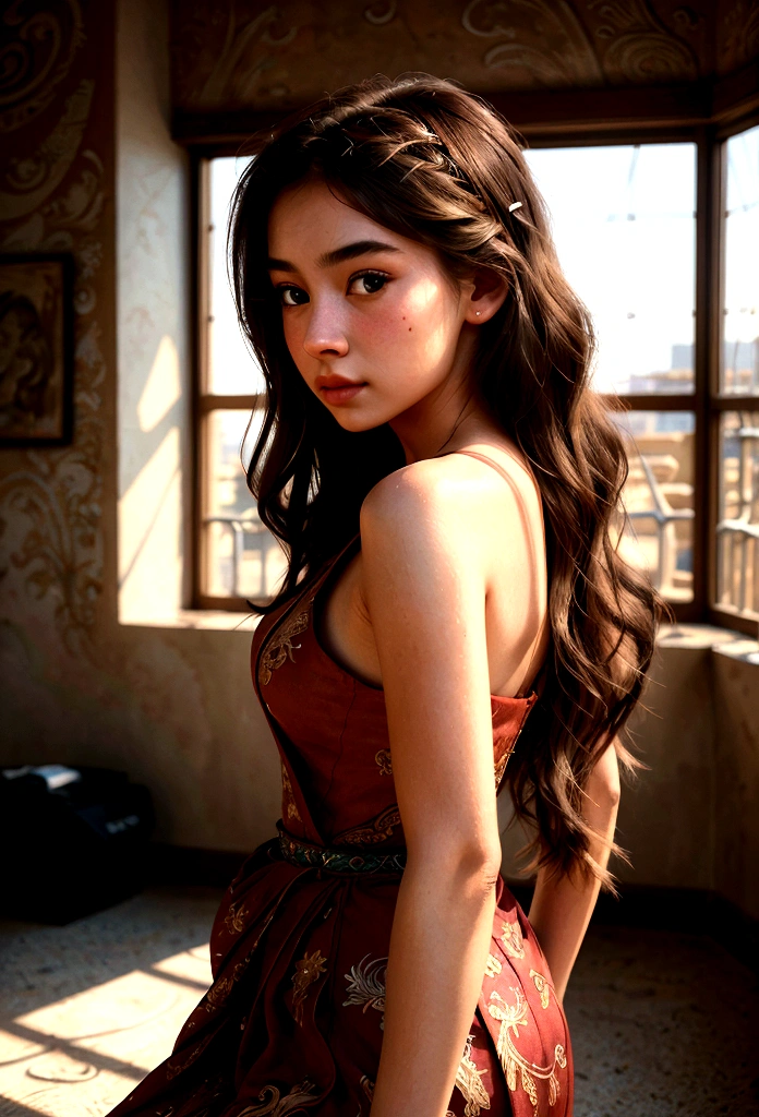 beautiful young woman, highly detailed, photorealistic, masterpiece, extremely detailed, illustration, 1 girl, high angle, messy long hair, best quality, extremely detailed CG Unity 8k wallpaper, ink, stunning, cinematic lighting, lens flare, dunhuang style