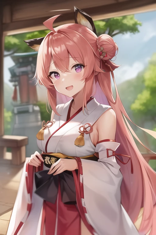 One girl, alone, Long Hair, King Kongu (Kantai Collection),Sakura Miko, Pink Hair, Double Bang, Purple eyes, Hair Bun, Ahoge, Open your mouth, Non-traditional Shrine Maiden, Removable sleeves, Brown eyes, White Background, (headgear):2, (Hair Bunド):2, smile, Sleeves edged with ribbon, Simple Background, kimono, Ribbon trim, View your viewers, username, Upper Body, Wide sleeves, :d, King Kong