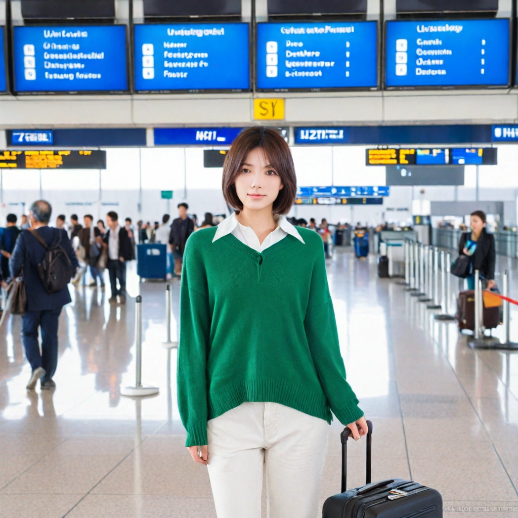 beautiful korean girl , 32 inch chest size, Your eyes are big and pretty. Short in stature. Standing in the departure hall of the airport. . short medium hair, Standing in line at the departure hall of Frankfurt Airport, Germany. He wore a white shirt, a green jumper, and white casual pants.s.Dragging a suitcase. short medium hair, short height, Full body shot with Canon camera 16-35 wide angle lens, short medium hair. expressionless, full body shot, perfect fingers, Make the airport electronic display visible, 멀리 full body shot, uhd