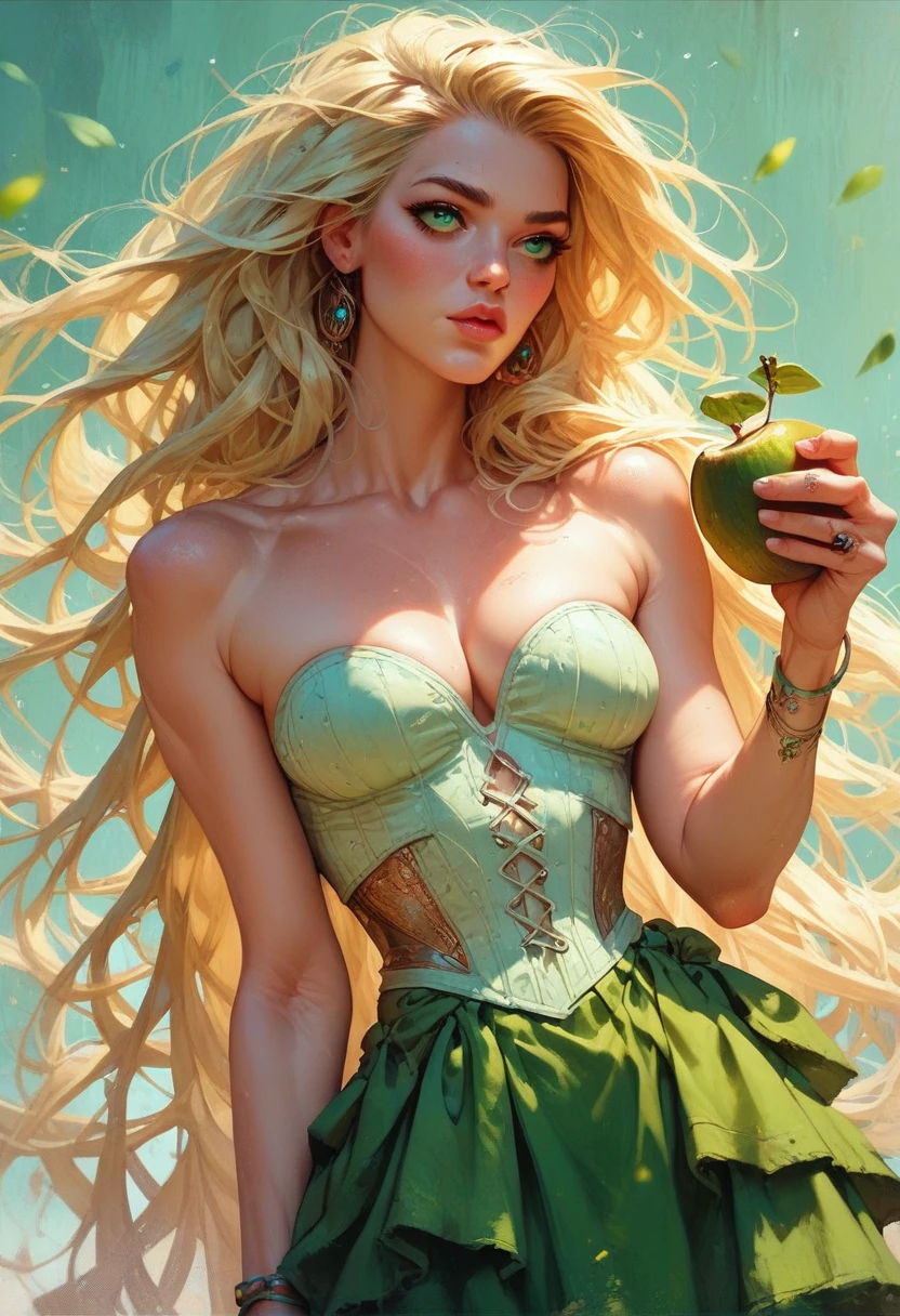 A blonde model, Bullish, greeneyes, very long hair, perfectbody, breasts big, fleshy lips, wearing a green mini skirt and a white corset, drinking coconut water on a paradisiacal beach.