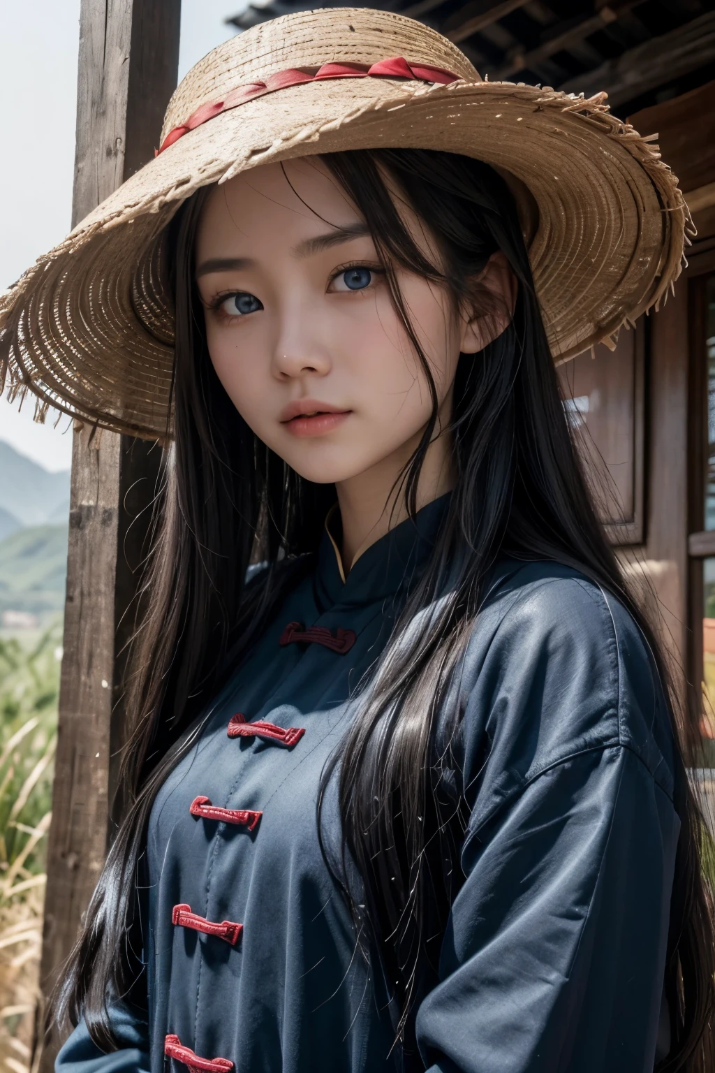 Chinese woman, long black hair blue eyes in hut