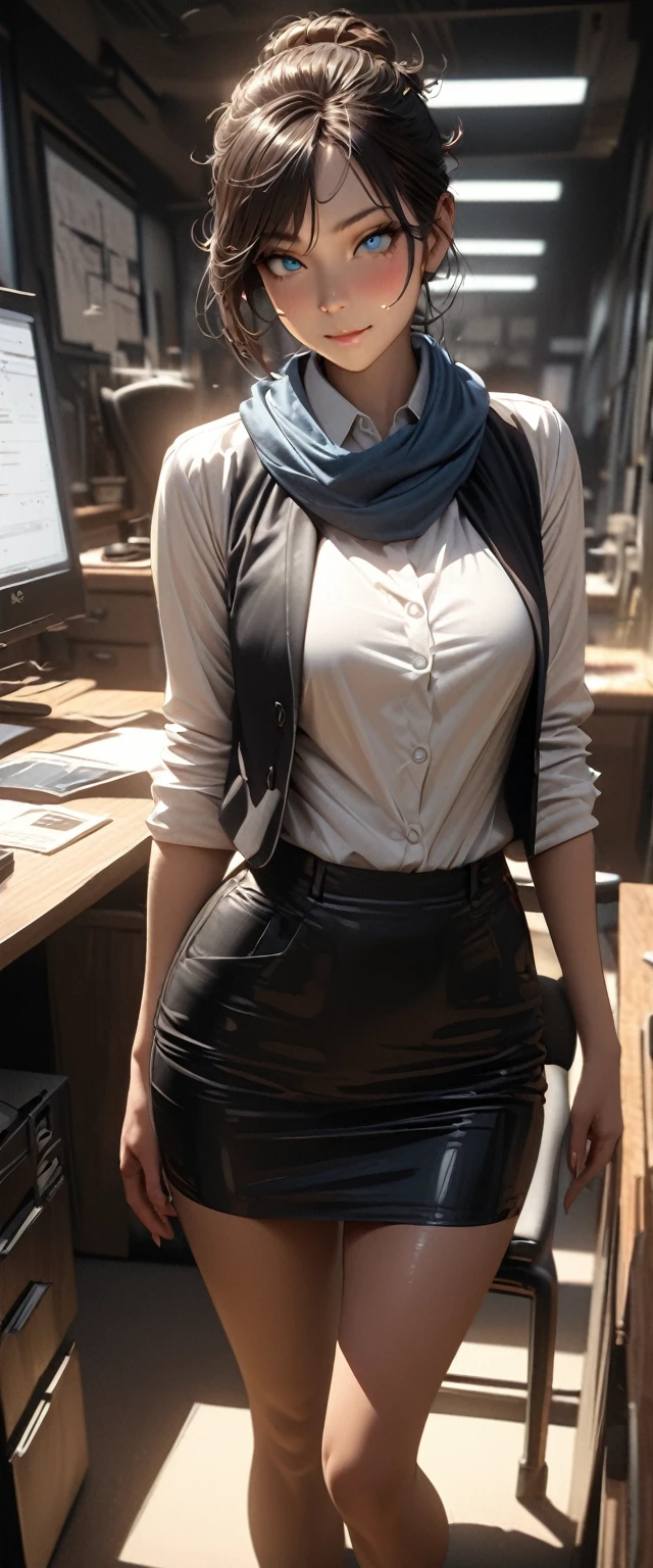 (raw, best quality, masterpiece:1.5), (Photorealistic, intricate details:1.2), ultra high definition, Ridiculous,
1 girl, pretty face, blue eyes, green eyes, Detailed eyes, symmetrical eyes, There is light on the face, nose blushing, short hair, bun, black headband, 
clock, Vest, suit, pencil miniskirt, White shirt, silk scarf, black pantyhose, [:20 days, :0.8],
Smile, Small dimples, Sexual innuendo, 
medium breasts, slim waist, thin legs, long legs,
sitting in chair in front of desk, Perfect body, good proportions,
looking at the audience, 
(office, indoor, hyper Detailed background:1.2), Japan, copier, File cabinets, , monitor,
shiny skin, Realistic skin texture, 
natural lighting, best lighting, Detailed background, Detailed shadows, sharp focus, Depth of field f/2,
Saturated, high contrast, strong light and shadow