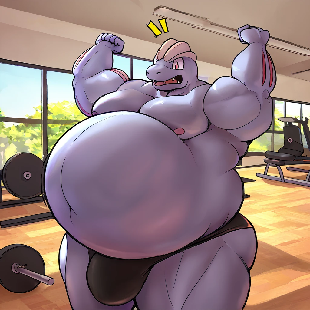 score_9_up, solo, male Machoke, anthro, male, pokemon, pokemon \(species\), generation 1 pokemon, shirtless, black speedo, shocked, flexing arms, gym, inflating, blimpbelly