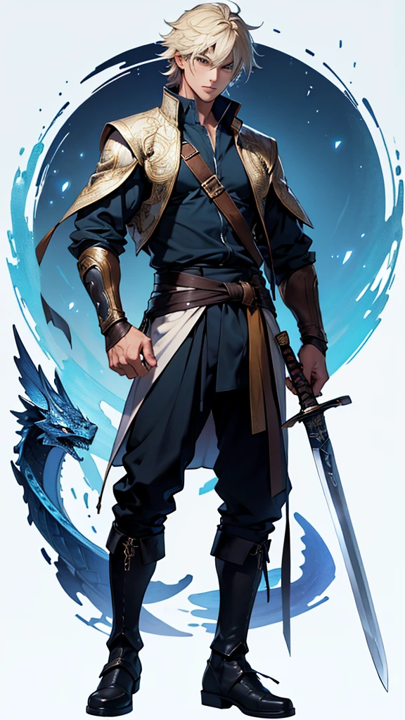 (Best Quality、High resolution、Image clarity:1.2)、 (male:1.2)、solo、maleフォーカス、Ultra-detailed backgrounds、Beautiful man standing with a sword、Traveler&#39;s Clothes、boots、ハンサムなmale、Powerful、(Strong eyes) 、Black Hair、 Hair Detail, semi-long、Part your hair,Wide-open eyes、Beautiful Eyes、double eyelid、Double eyelids、Highest quality、high detail、Long Hair、Hair tied up