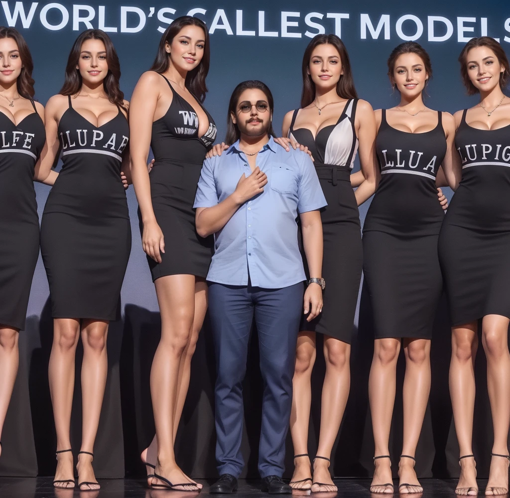 Three tall girls on the lfe left, three tall girls in the right, short man in the middle, the girls are much taller than the man, girls have big  and cleavage, girls are wearing black, man is wearing blue shirt, girls are standing barefoot, man is wearing shoes,