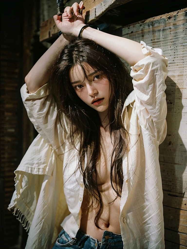 ((Highest quality, 8K, masterpiece :1.3)), Sharp focus :1.2, Beautiful woman with perfect figure :1.4, 1 Girl,Slim Abs :1.2, ((Dark brown hair,chest :1.2)), (White long formal shirt)(Unbutton your shirt.), Gray background:1.2, Highly detailed face and skin texture, fine grain, double eyelid,Beautiful Hands,Five Fingers,Fashion model posing,Full body portrait,Cowboy Shot,jeans,Cast a Shadow, Handcuffed over the head, Hanging from the ceiling with both hands