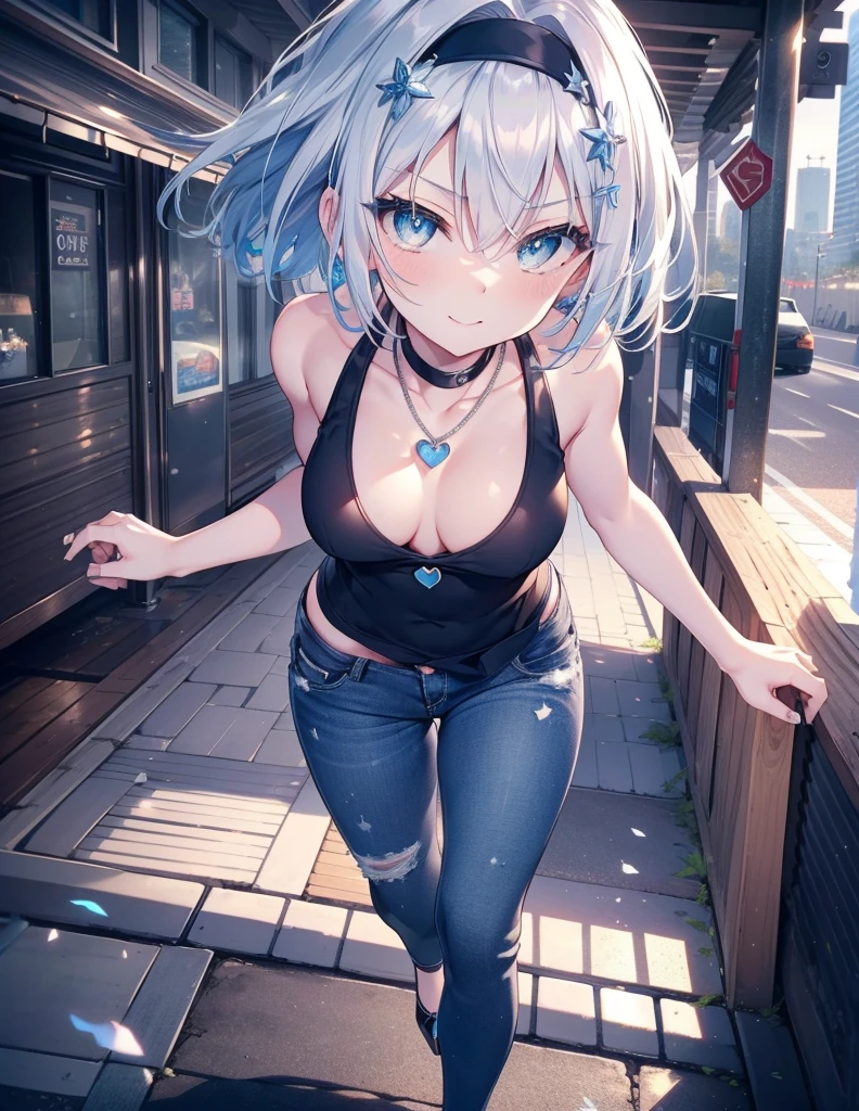 Sora Ginko, null silver,short hair, Silver Hair, blue eyes, hair band,happy smile, smile, Open your mouth,Blue Tank Top,Heart Necklace,Skinny jeans,Stiletto heels,Daytime,Clear skies,Walking,whole bodyがイラストに入るように, break looking at viewer, whole body, break outdoors, Building district, break (masterpiece:1.2), Highest quality, High resolution, unity 8k wallpaper, (shape:0.8), (Beautiful and beautiful eyes:1.6), Highly detailed face, Perfect lighting, Extremely detailed CG, (Perfect hands, Perfect Anatomy),ginkgo, blue eyes, Silver Hair,
