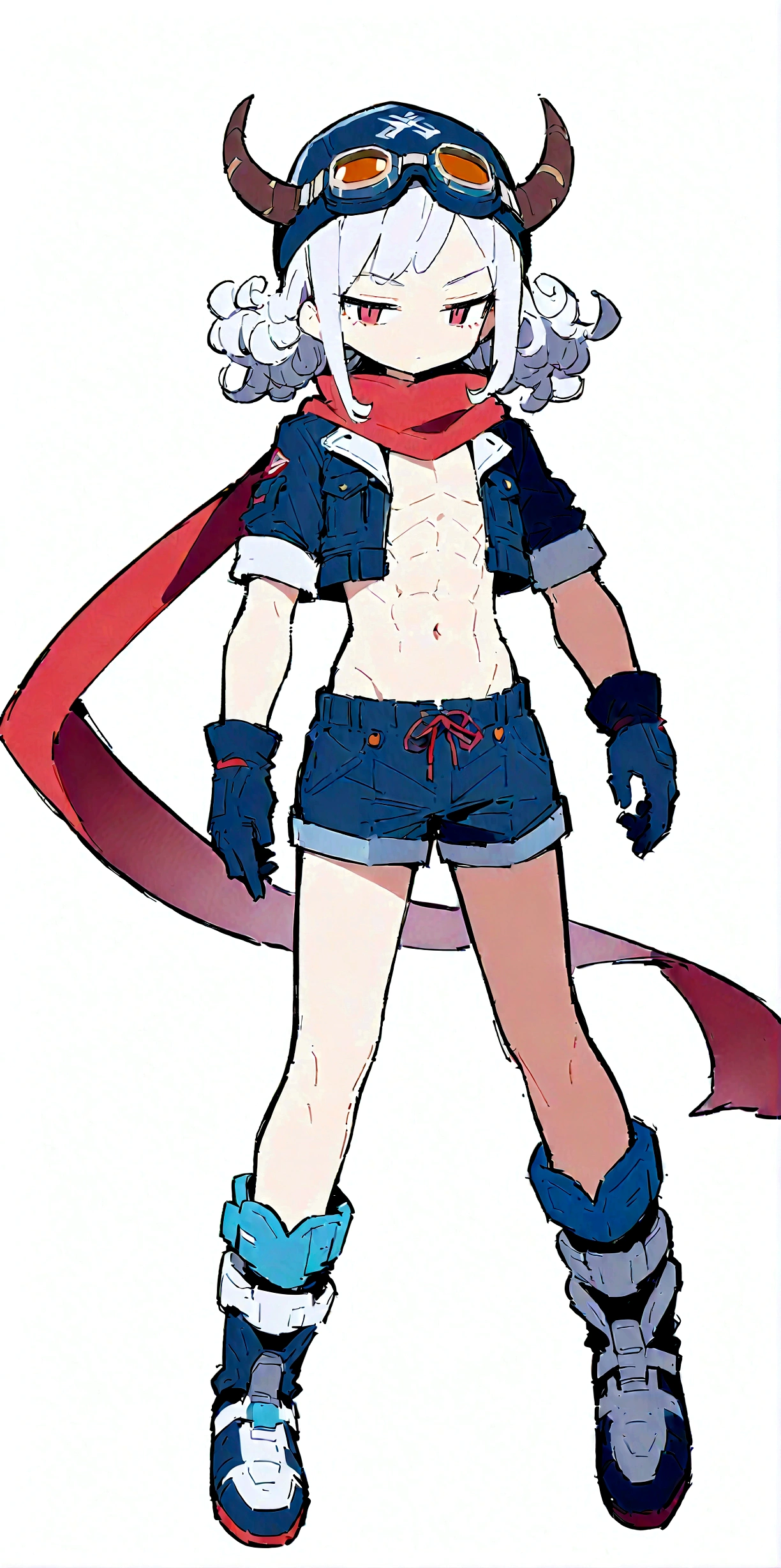 Anime Boys、Both have、Six Pack Abs、White Hair、Goggles on head、Curly Hair、Medium Hair、solo、skinny body、Expressionless、jitome、detailed、Highest quality、masterpiece、Flight Cap、Scarf、Shorts、gloves、navel、slender、coat、Devil horns、
