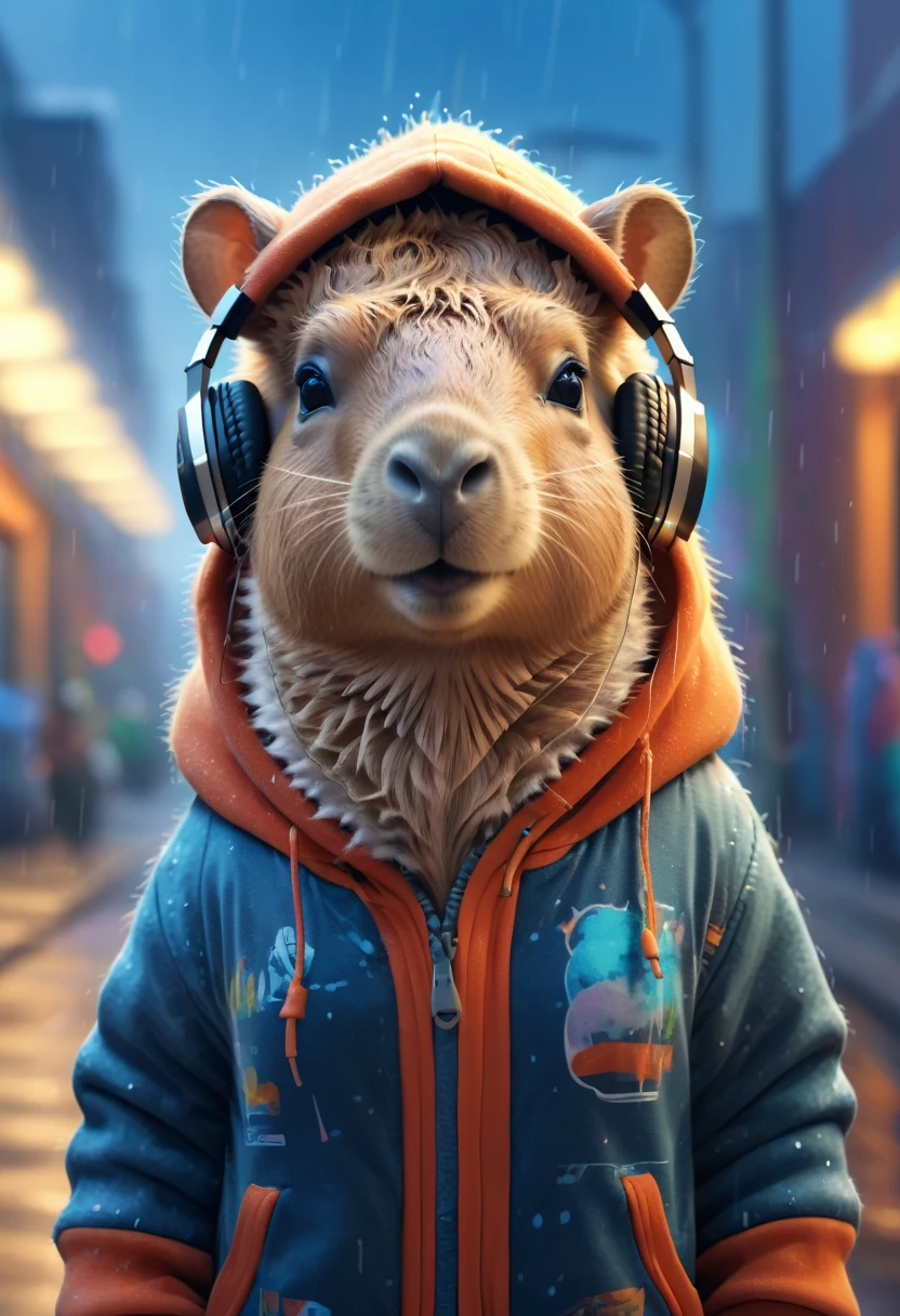 Cute  capybara baby with fluffy fur wearing urban outfit, one hoodie and headphones, The background is modern and inorganic, Adorable Digital Painting, 3d rendered, Bright lighting, Vibrant colors,  outside and raining