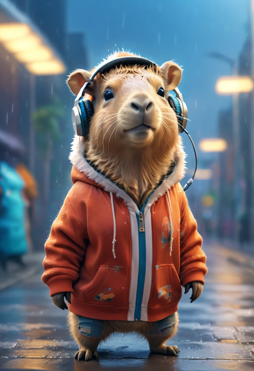 Cute capybara with fluffy fur wearing urban outfit, one hoodie and headphones, The background is modern and inorganic, Adorable Digital Painting, 3d rendered, Bright lighting, Vibrant colors, outside and raining
